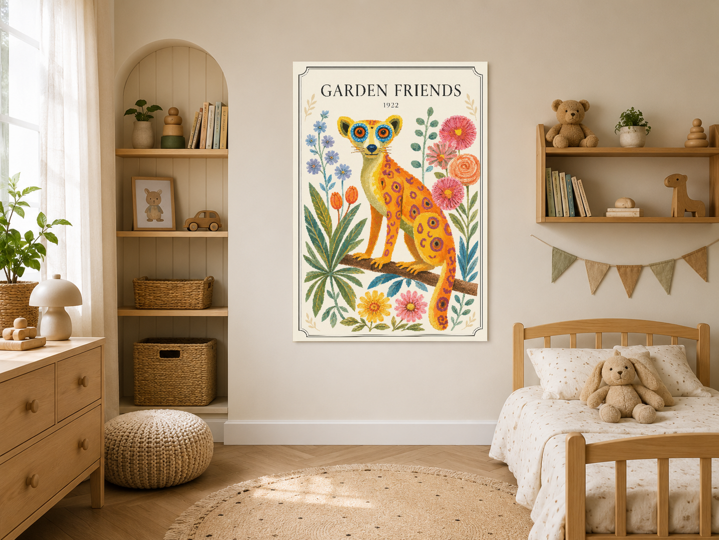 Sarı Pembe Leopar ve Çiçekler Botanik Vintage Duvar Tablosu
