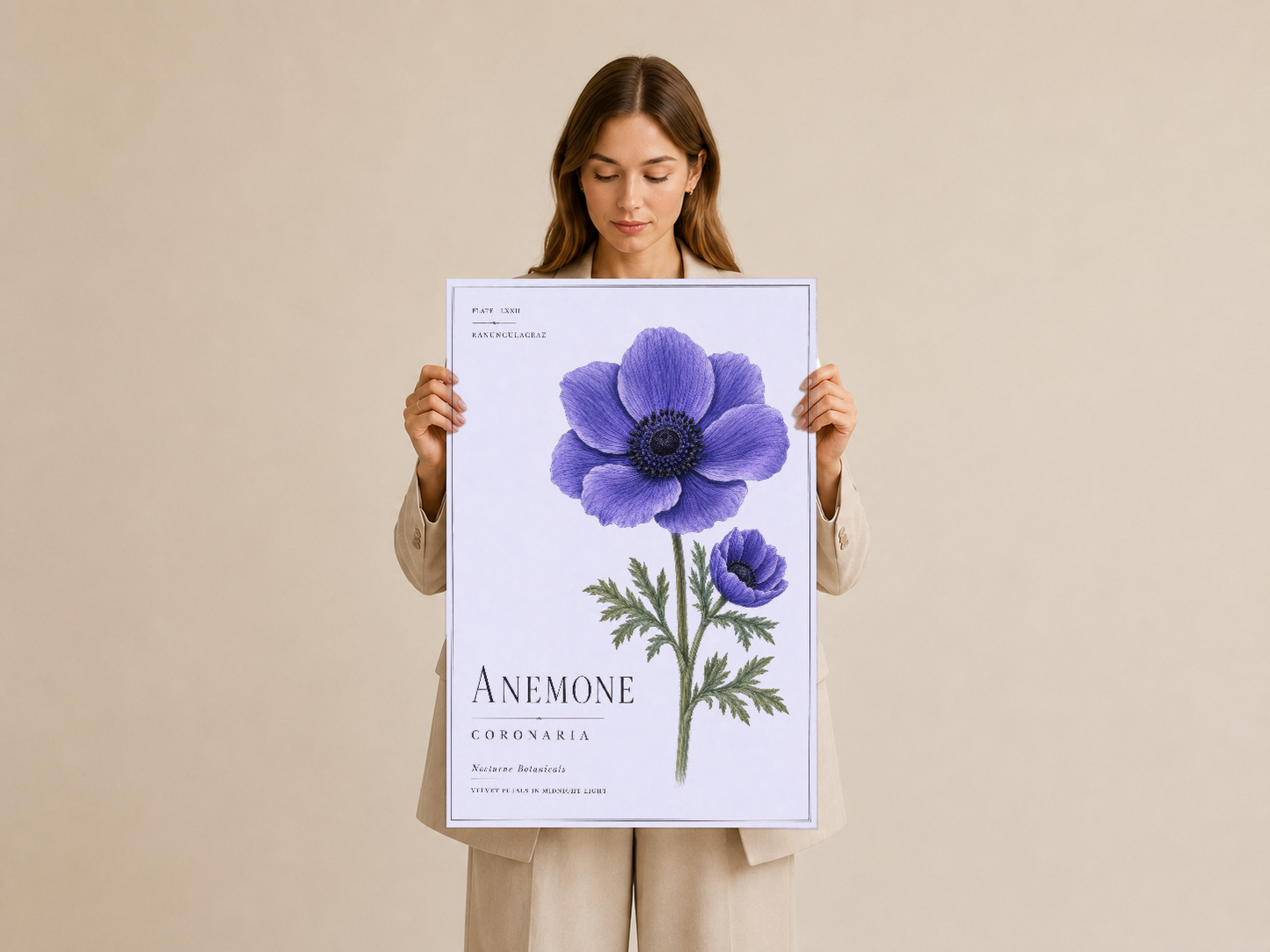 Anemone coronaria botanik tablosu, sahibi tarafından elden tutuluyor, premium baskı kalitesini gösteriyor.