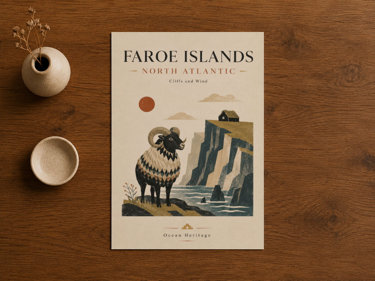 Ahşap masa üzerinde Faroe Islands baskısı, kuramik aksesuarlarla stillendirilmiş minimalist düzenleme.