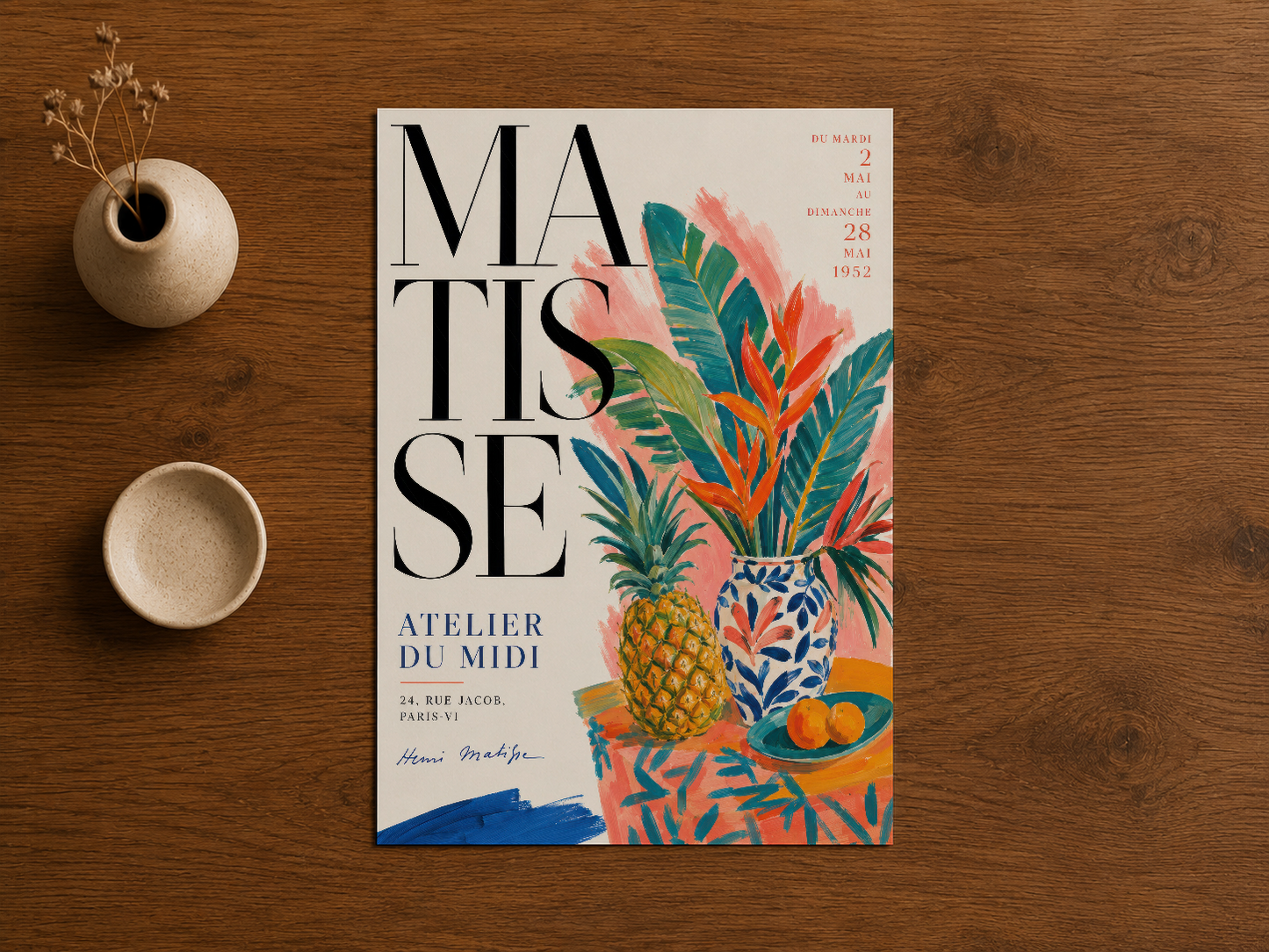 Matisse sergisi posteri, çok renkli bahçe temasıyla, doğal ahşap ortamda sergilenen klasik baskı.