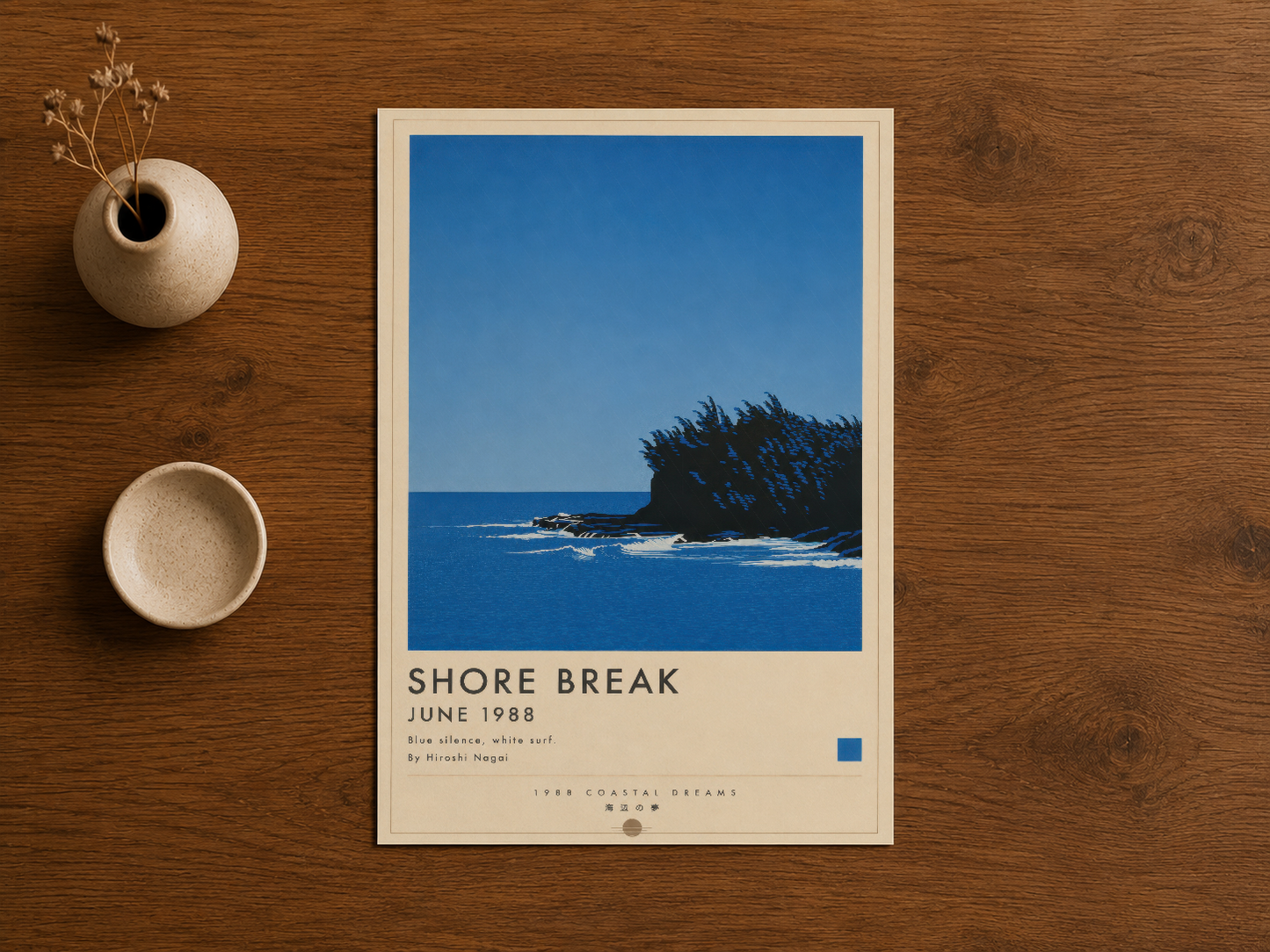 Vintage estetikli Shore Break başlıklı mavi deniz sahnesi duvar sanat tablosu.
