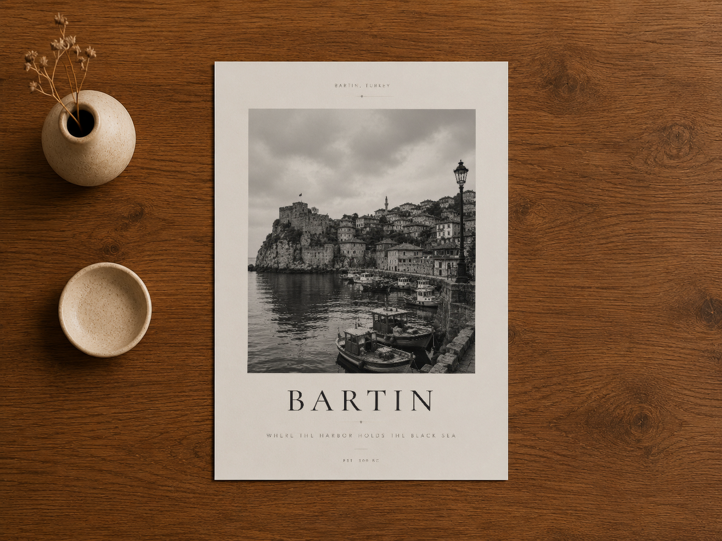Bartin şehir portresi, vintage fotoğraf stili sanat tablosu ahşap zemin üzerinde.