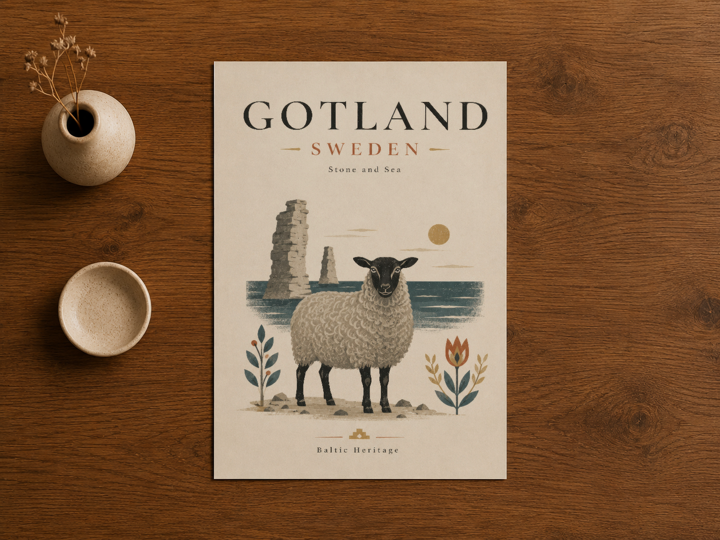 Gotland İsveç posteri, ahşap zemin üzerinde seramik aksesuarlarla birlikte stilize edilmiş.