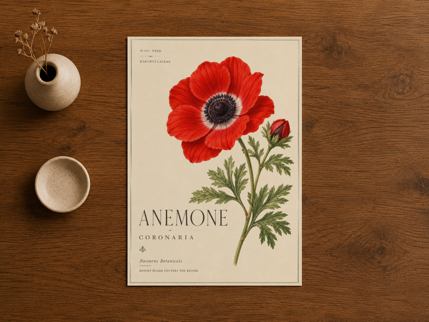Botanik stil anemone baskı tablo, sıcak ahşap masanın üzerinde naturel dekorasyon.