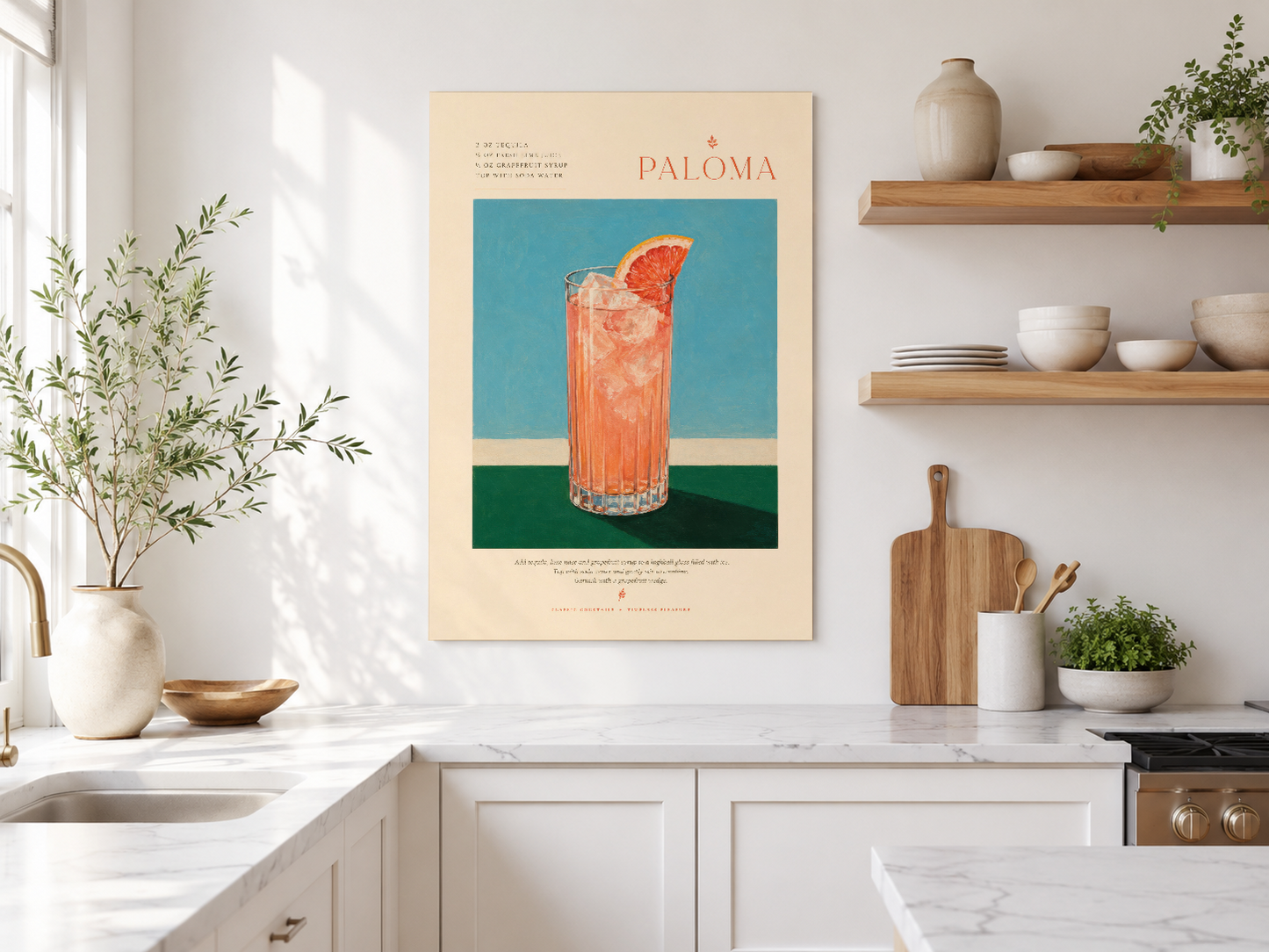 Sanat stili Paloma posteri, doğal ışık ve ahşap detaylarla salon duvarında rahatlatıcı bir görünüm.