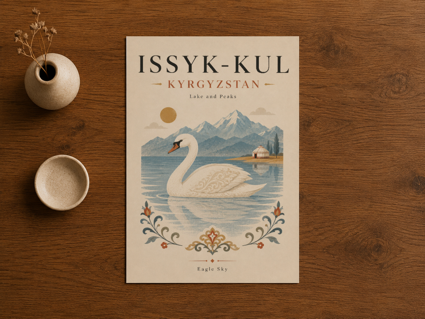 Issyk-Kul Kyrgyzistan sanat baskısı, klasik desen ve mavi tonlarıyla süslenmiş göl temalı poster.