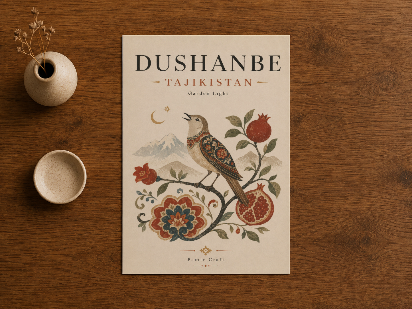 Dushanbe Tacikistan tuval sanatı, ay ışığı temasiyla doğa motiflerinin zarif kombinasyonu sunuyor.