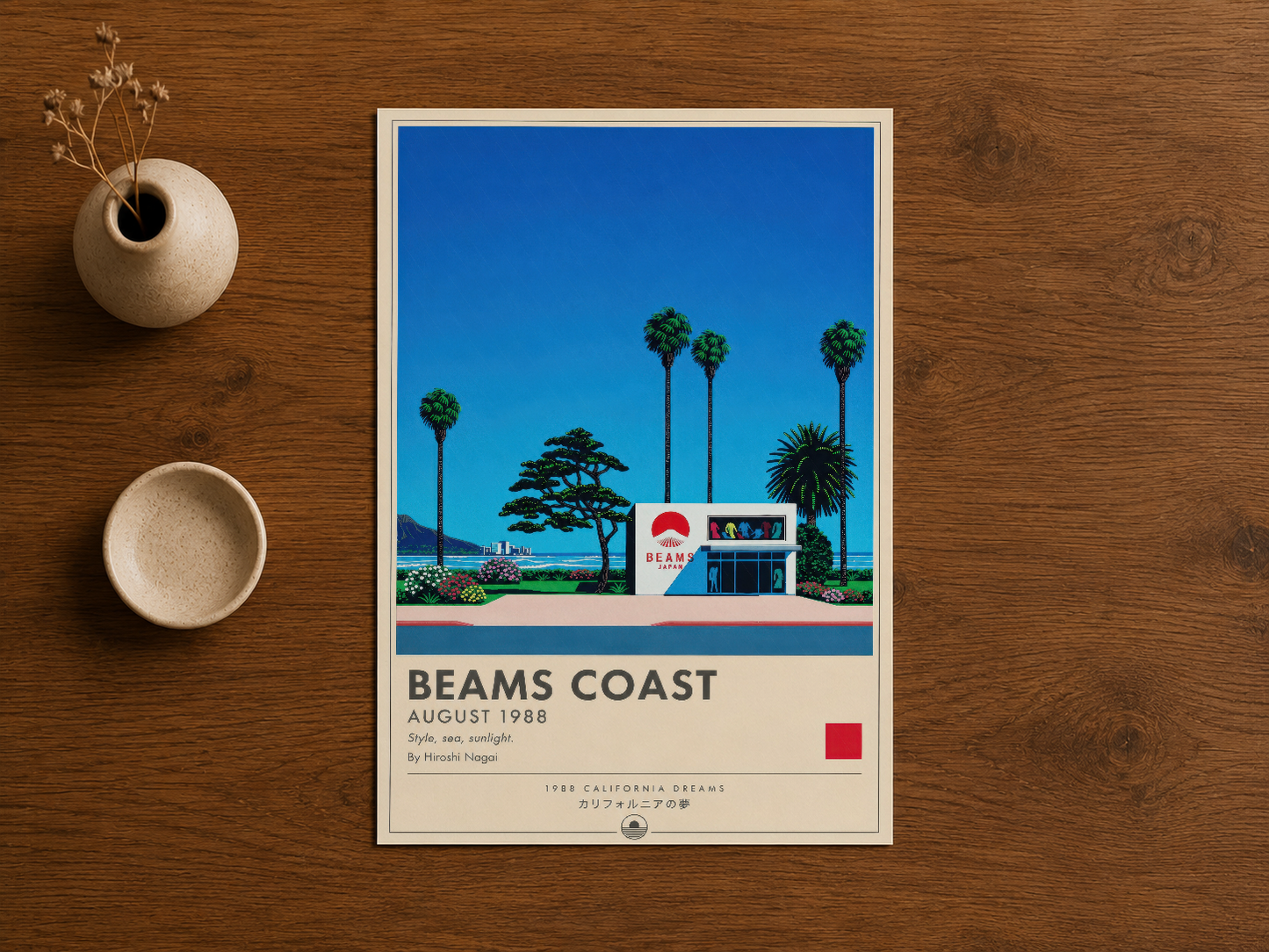 Beams Coast posteri, ahşap zemin üzerinde sergilenen retro baskı, mavi gökyüzü ve sahil manzarası.