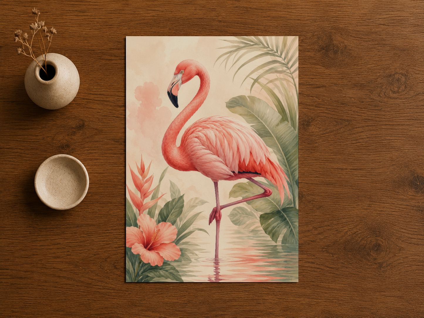 Ahşap masada sergilenen, su yansımalı flamingo ve tropikal flora içeren dekoratif tablo.