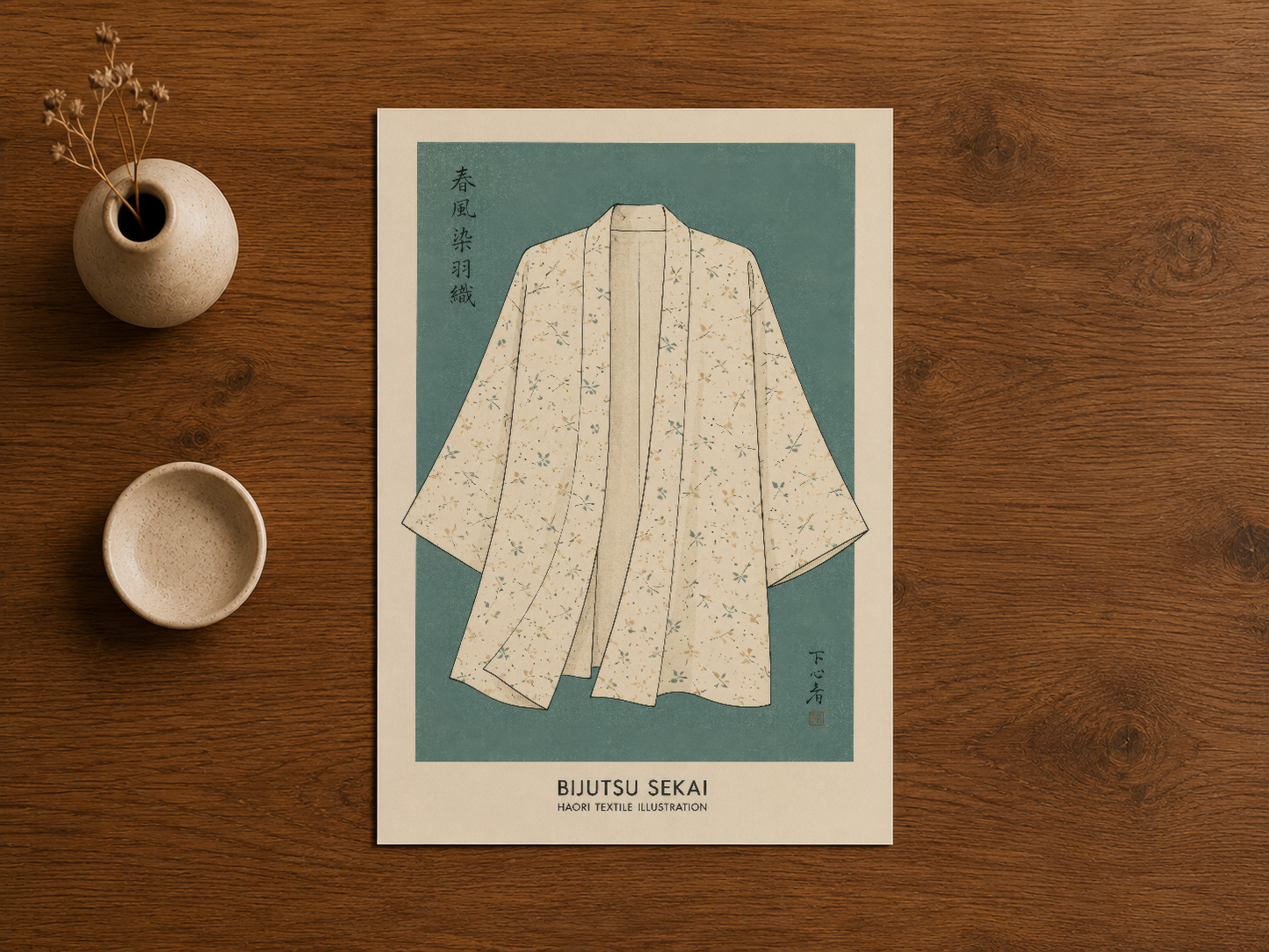 Bijutsu Sekai tablou, ahşap masa üzerinde vintage tarzda sergilenen tekstil motifli japonca sanat baskısı.