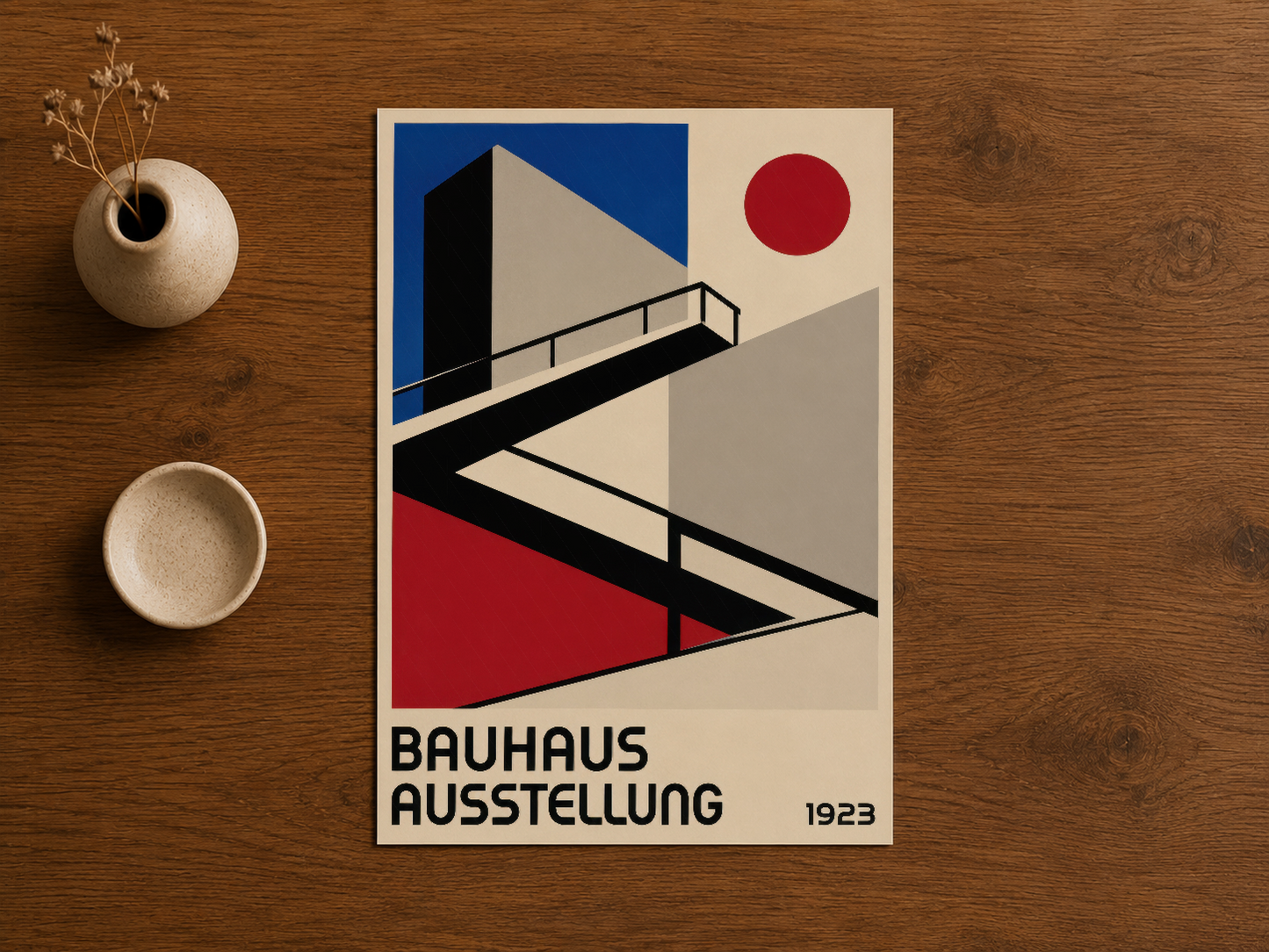 Bauhaus Ausstellung posteri, kırmızı-mavi-bej renkleriyle minimalist geometrik tasarım.