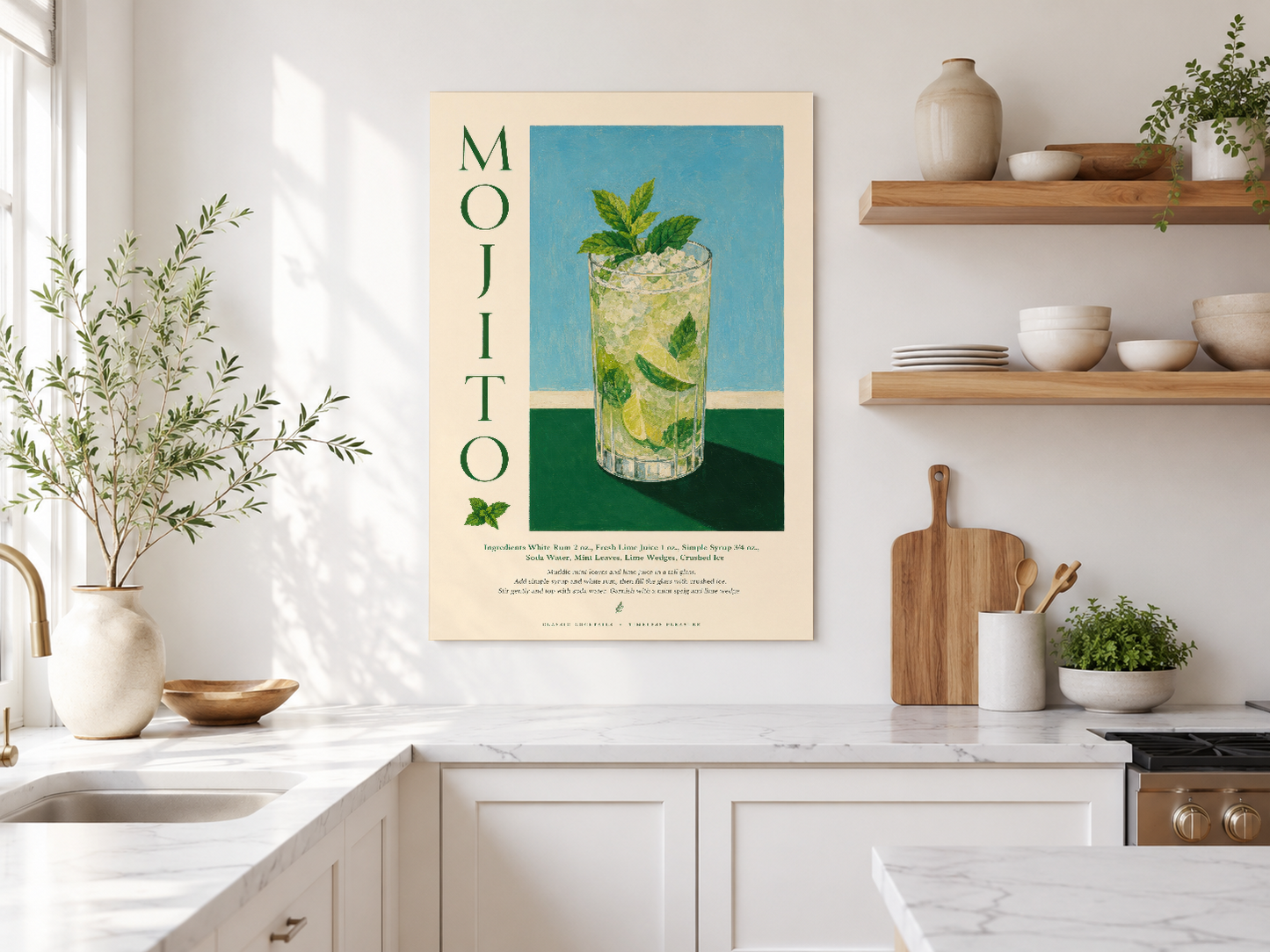 Turkuaz ve yeşil çizgili koktel tablosu, klasik stil poster, beyaz mutfak duvarında.