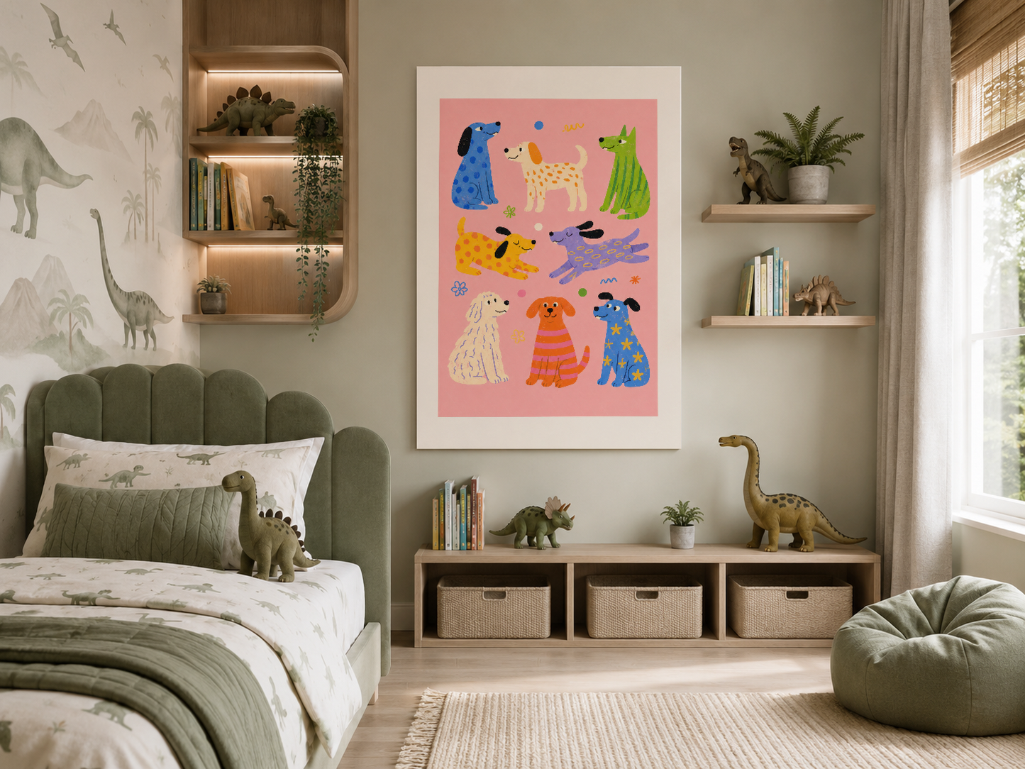 Eğlenceli köpek karakterleri pembe tablosu, kaktüs dekoratif yatak odasında vintage çerçeveli.