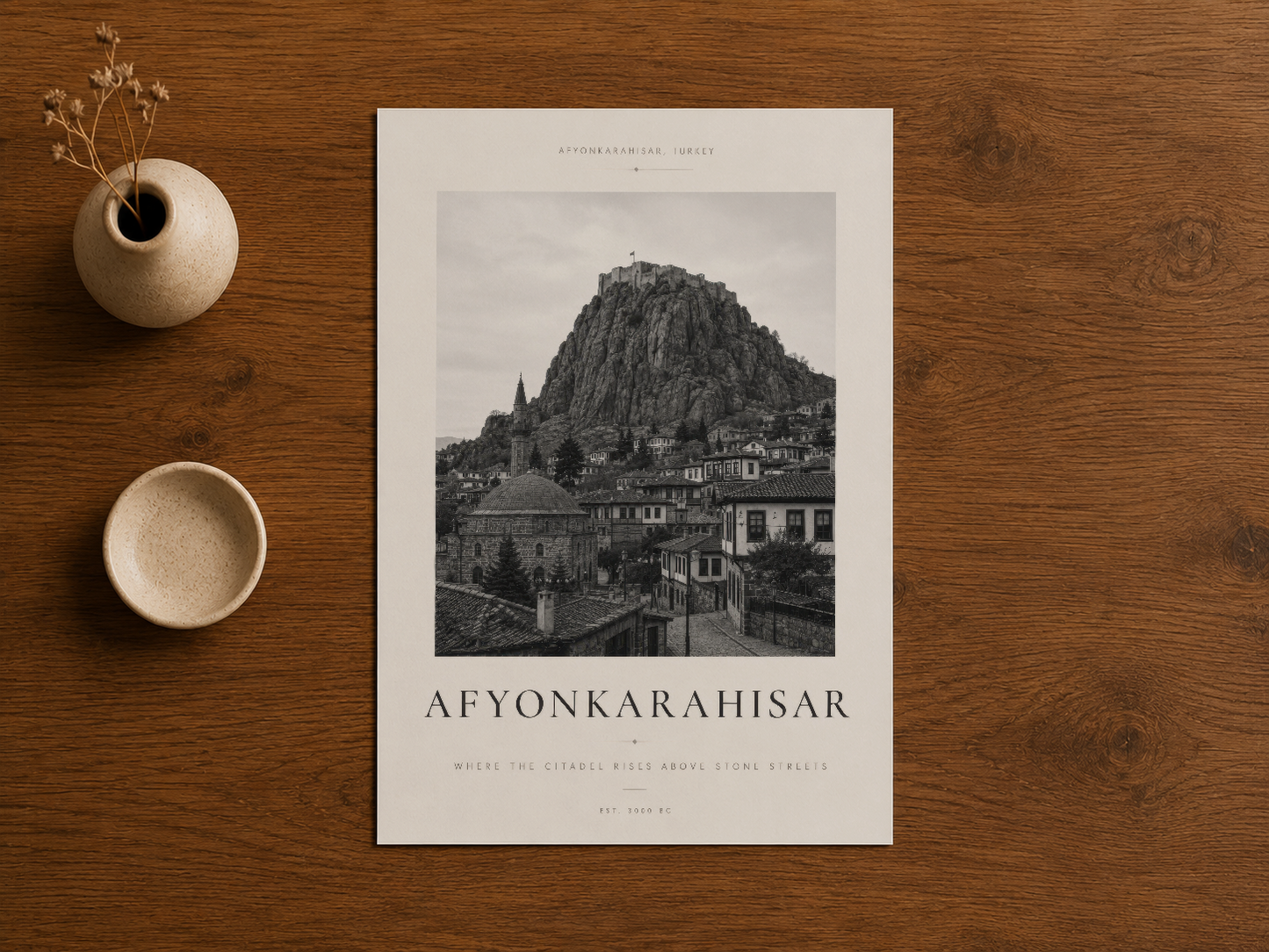 Doğal ahşap background üzerinde sergilenen Afyonkarahisar tablosu, modern minimalist stil duvar dekorasyonu.