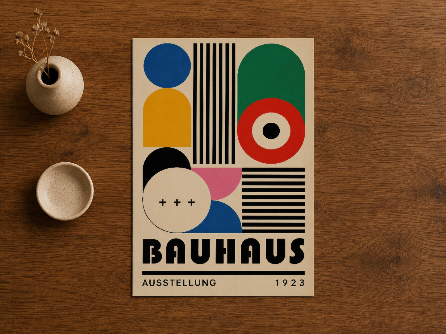 Bauhaus Ausstellung 1923 tablosu, 1920s tasarım hareketinin özünü soyut şekillerle işleyen sanat eseri.