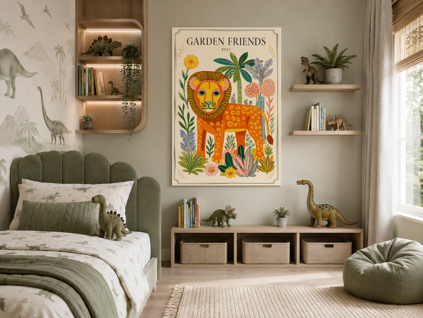 Botanik Garden Friends aslanı tablosu, yeşil başlıklı yatak odasında dekoratif rafların arasında asılı.