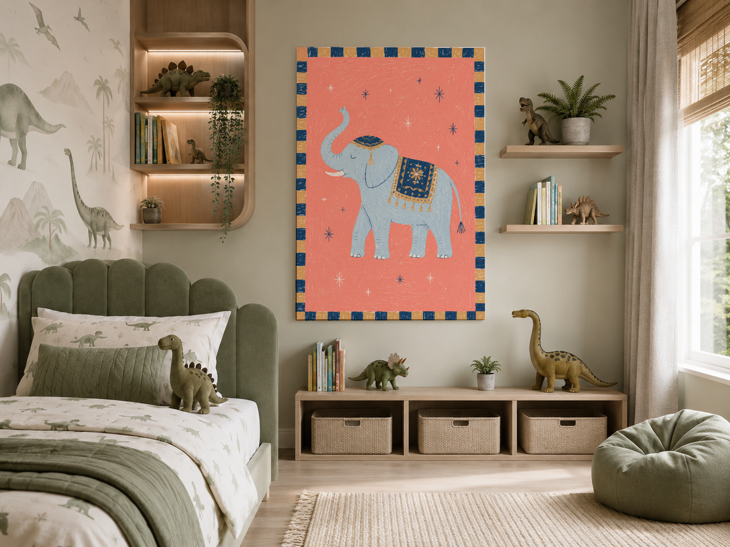 Dinozor temalı yatak odasında, dino desenli tablonun yanında fil görselli poster.