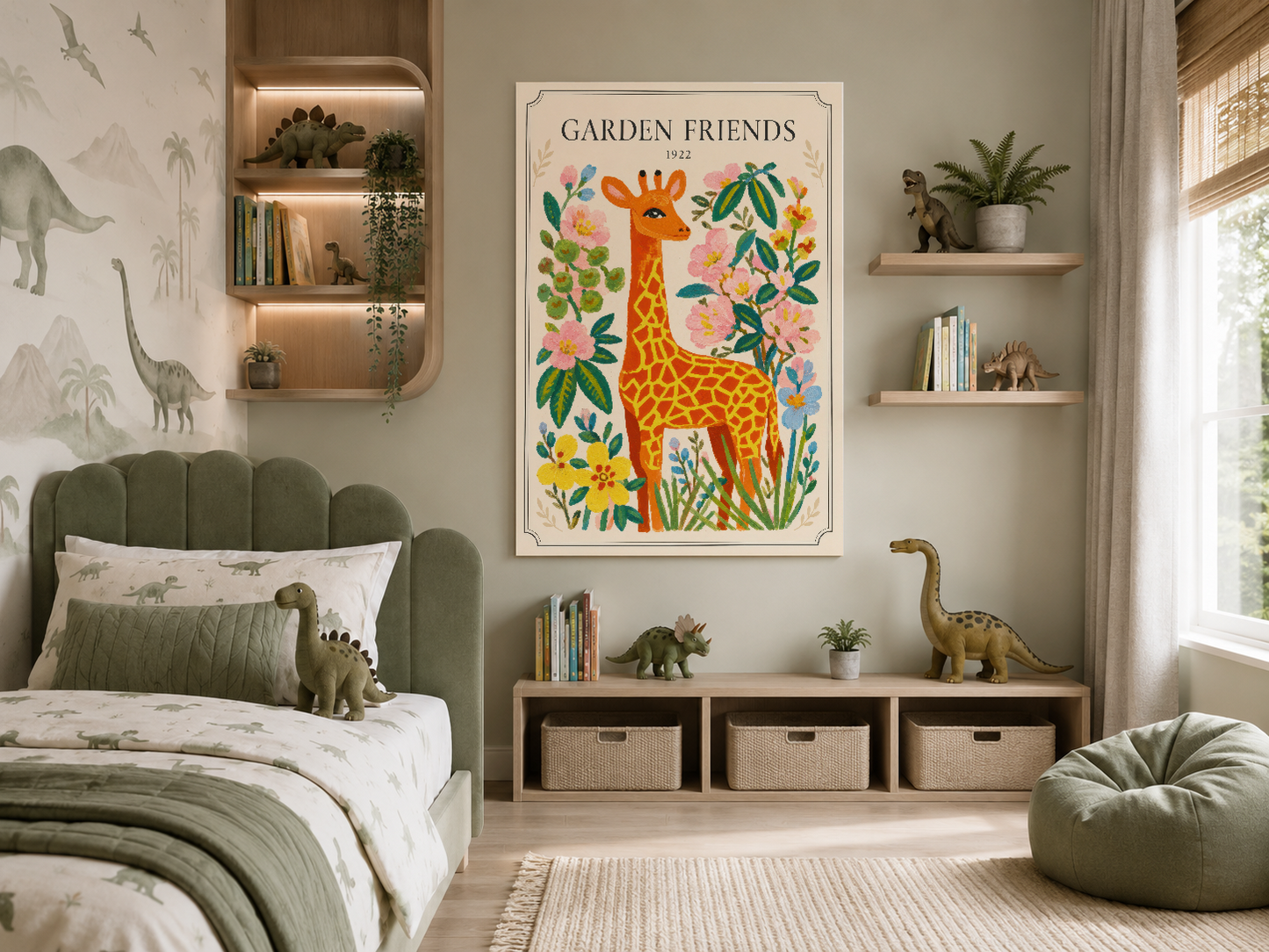 Dinozaur temalı oda dekorasyonunda, rengarenk Garden Friends tablosu oyun alanını canlandırıyor.