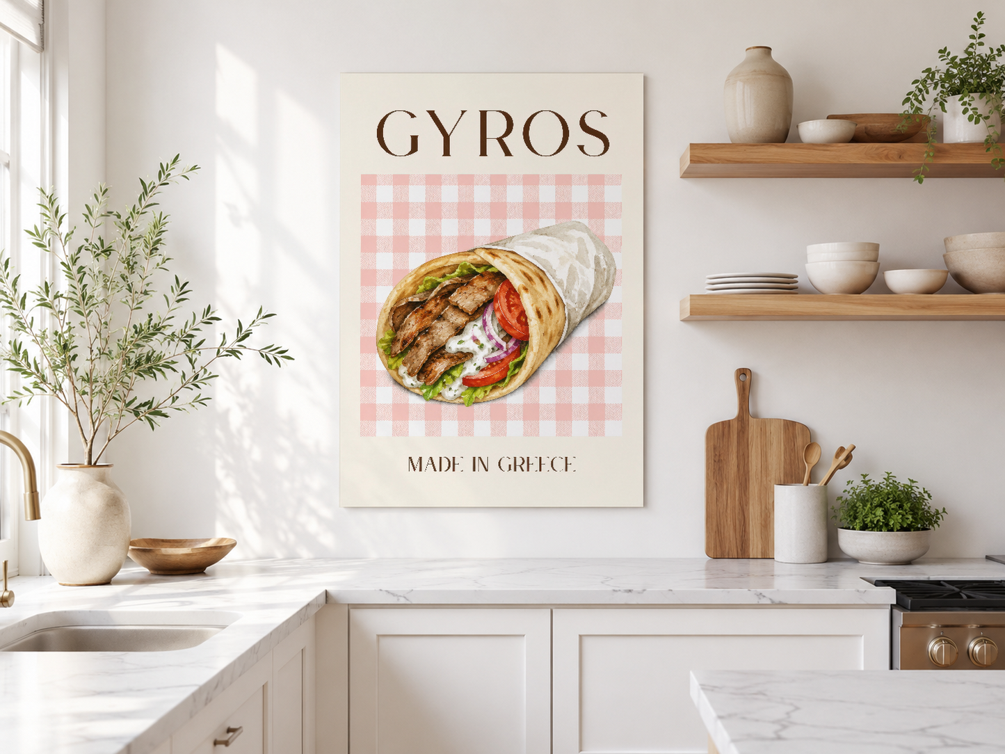 Açık renkli gyros posteri, doğal ışıkla aydınlanan minimalist mutfak dekorasyonu.