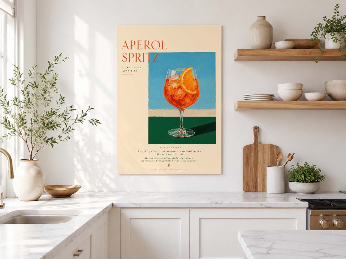 Minimalist Aperol Spritz posteri, doğal ışık ve ahşap raflarla öne çıkan şık mutfak dekoru.