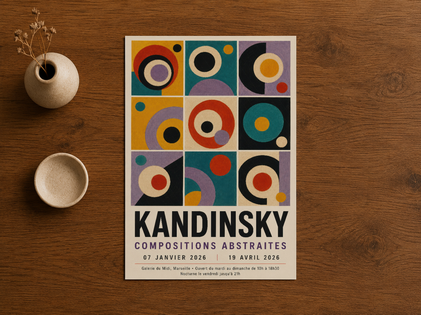 Kandinsky poster ahşap masada, soyut sirkül şekiller, turuncu sarı teal ve kırmızı tonları.