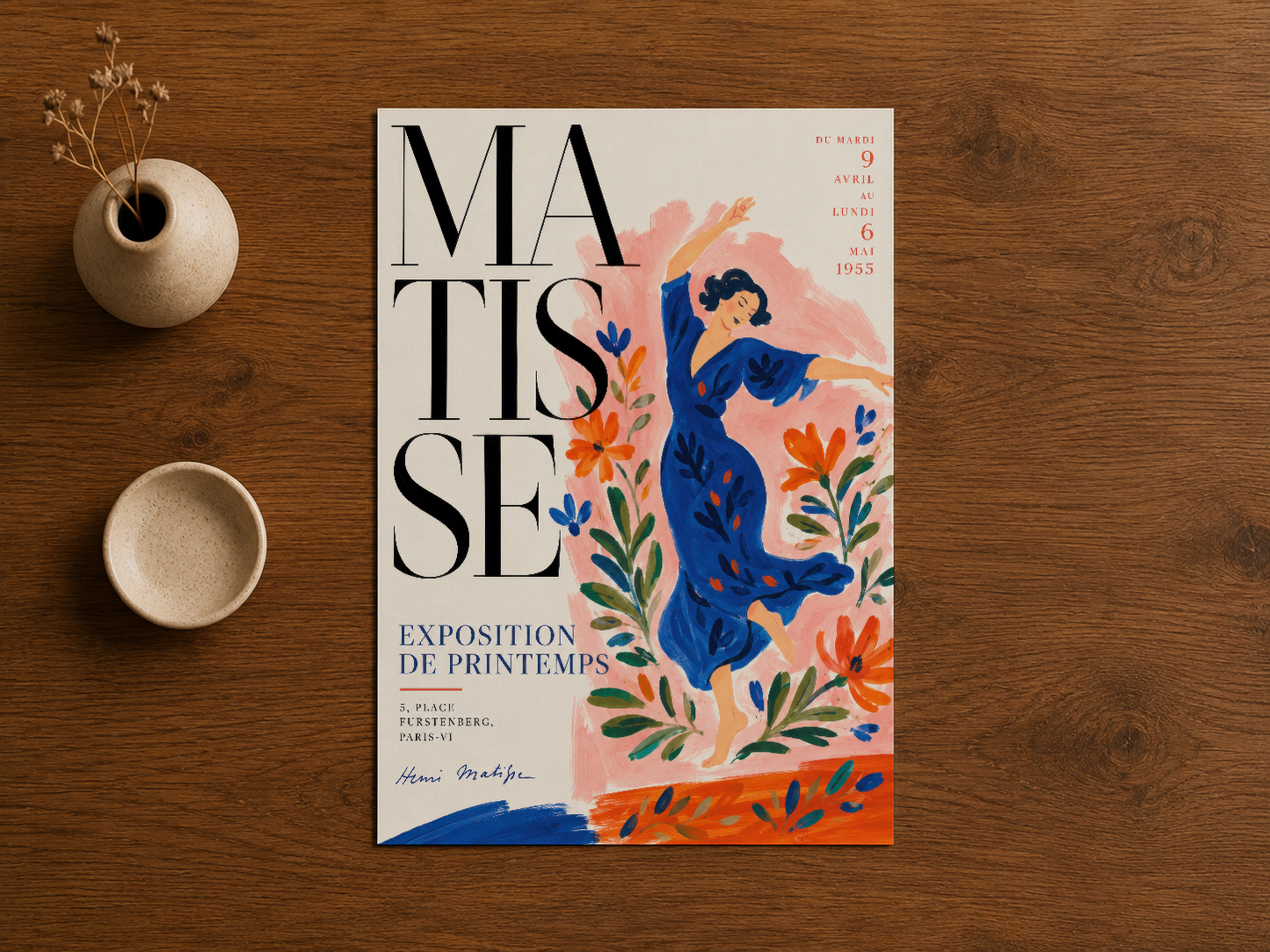 Matisse Sergisi posteri, organik çiçek tasarımı ve minimalist metin düzenlemesiyle sanat tarihinin klasik sergisini