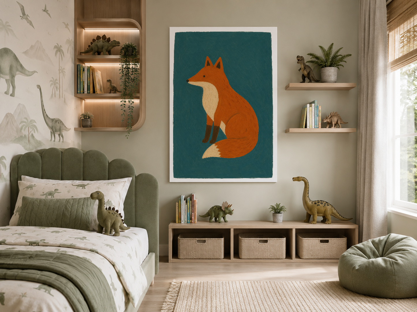 Dinozor temalı çocuk odasında duvar ortasında yer alan minimalist tilki tablosu, doğa temalı dekorasyon.