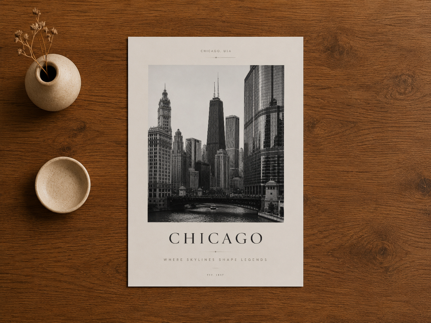 Chicago poster, ahşap masada minimalist dekorasyon öğeleriyle sergilendi.
