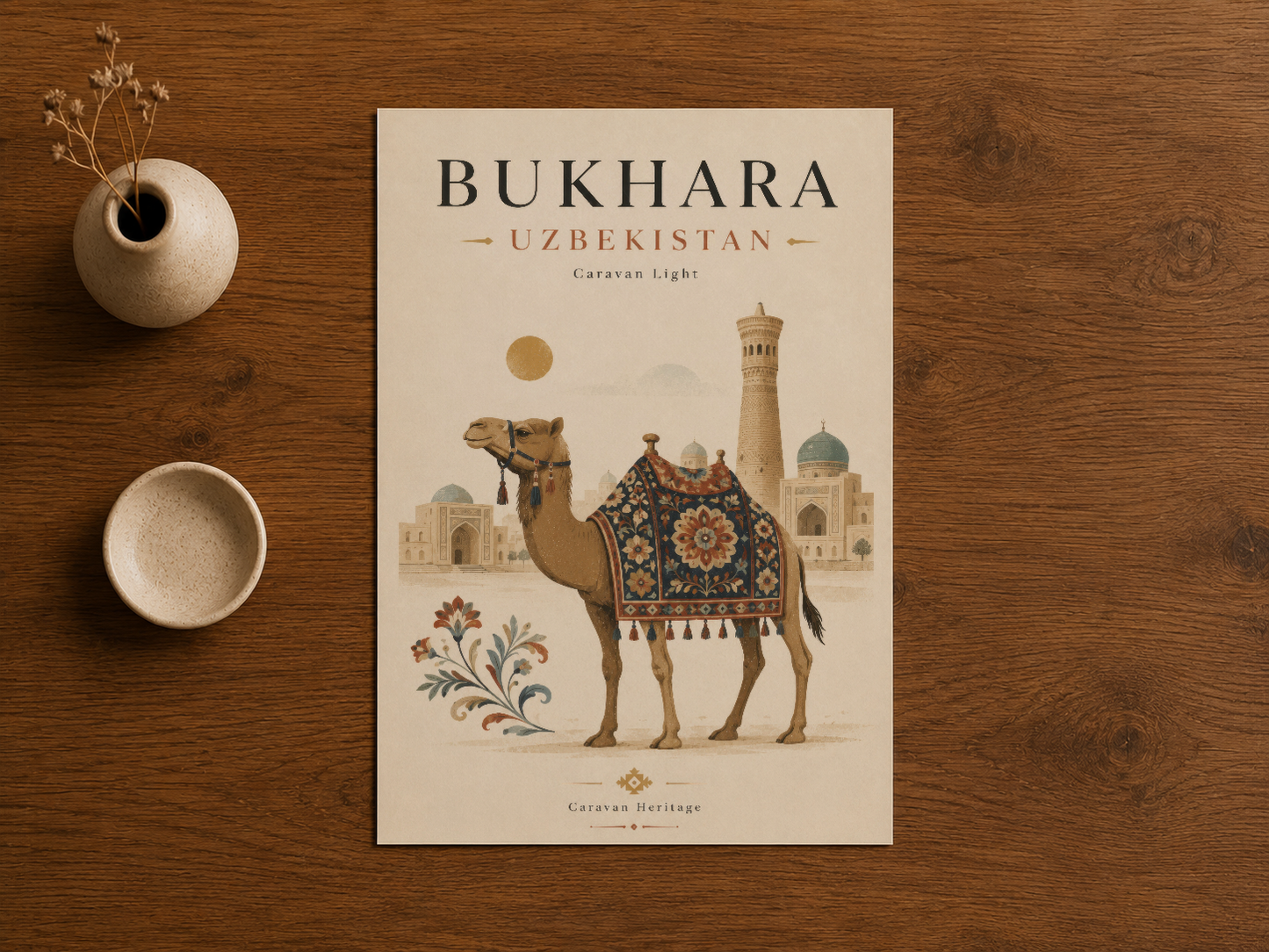 Bukhara Özbekistan tablosu, ahşap yüzeyde sergilenen Caravan Heritage koleksiyonundan gelişmeli tasarımı gösteren baskı.