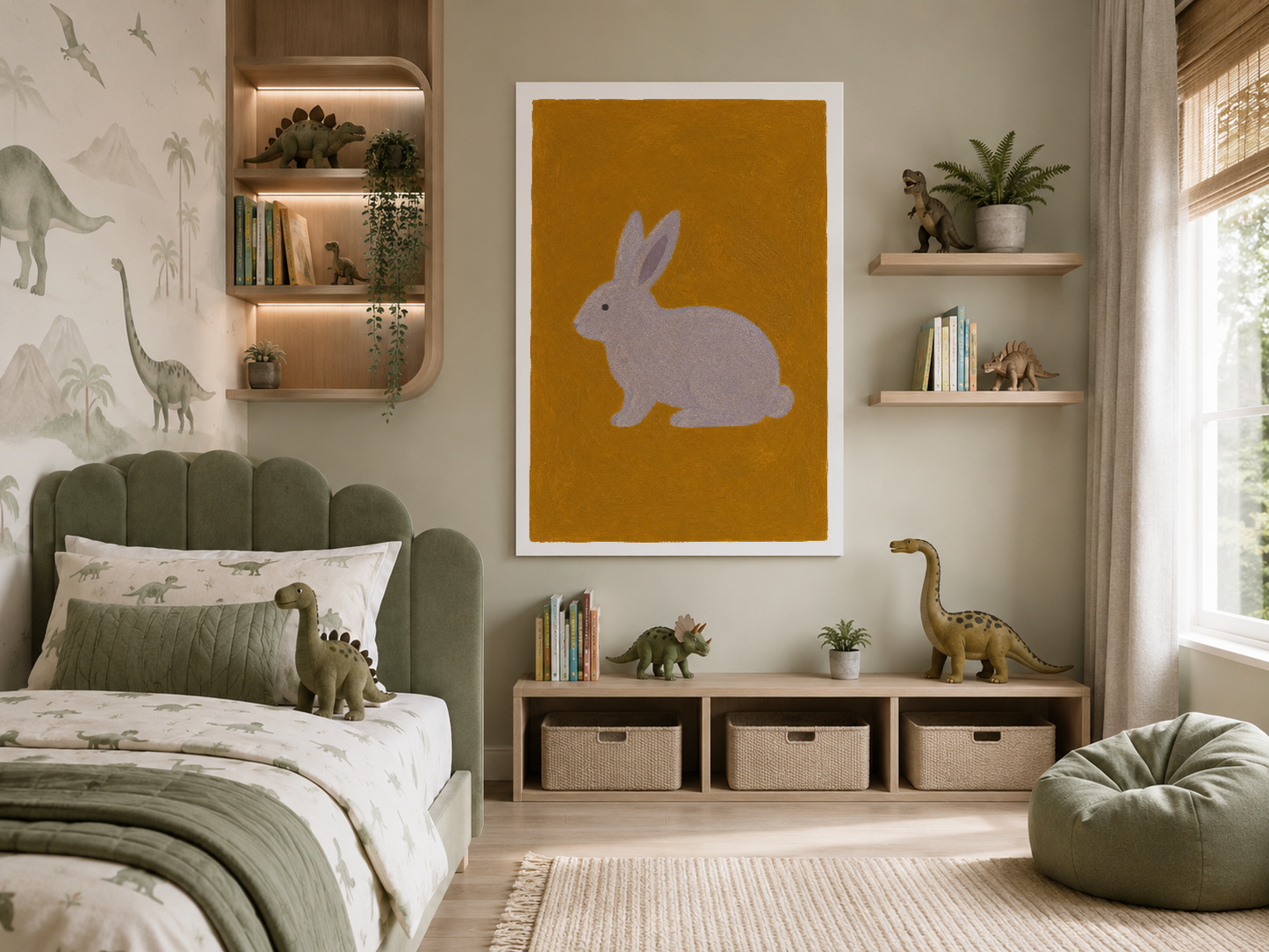 Altın sarısı arka fonda pastel tavşan tasarımı, dinozor temalı yatak odasında beyaz çerçevede sergilenen grafik poster.