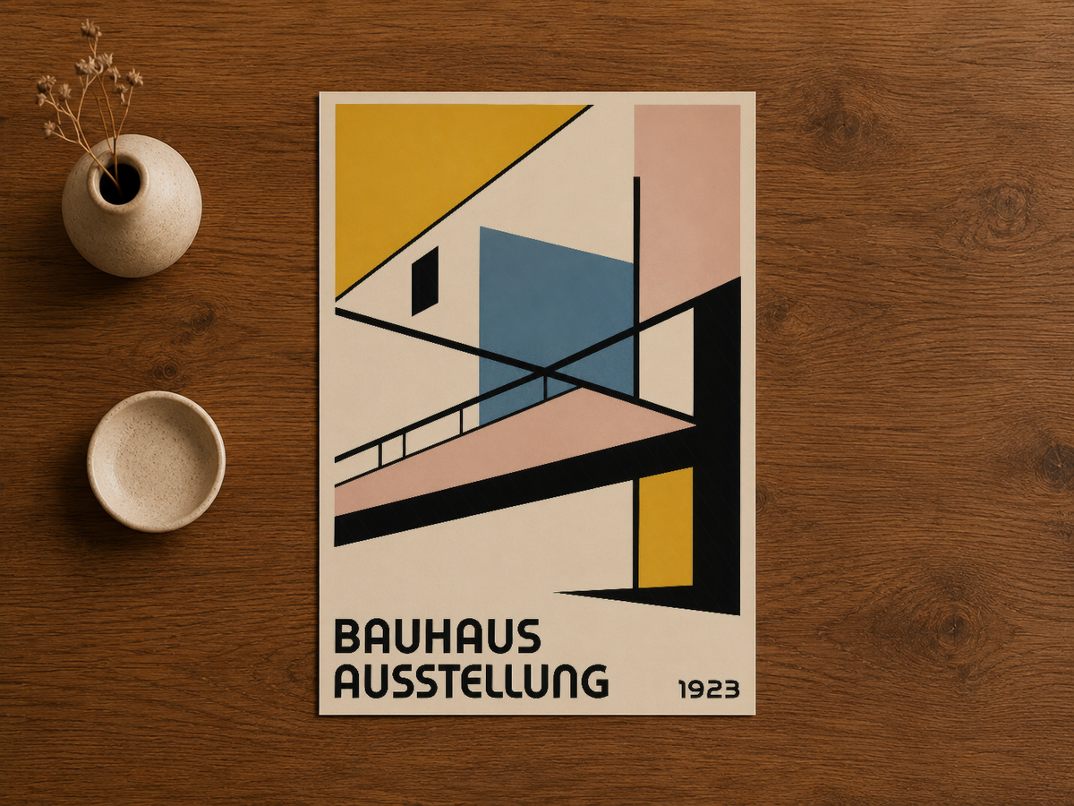 1923 Bauhaus Ausstellung baskısı, sıcak ve soğuk tonları dengeleyen çok renkli soyut komposition.