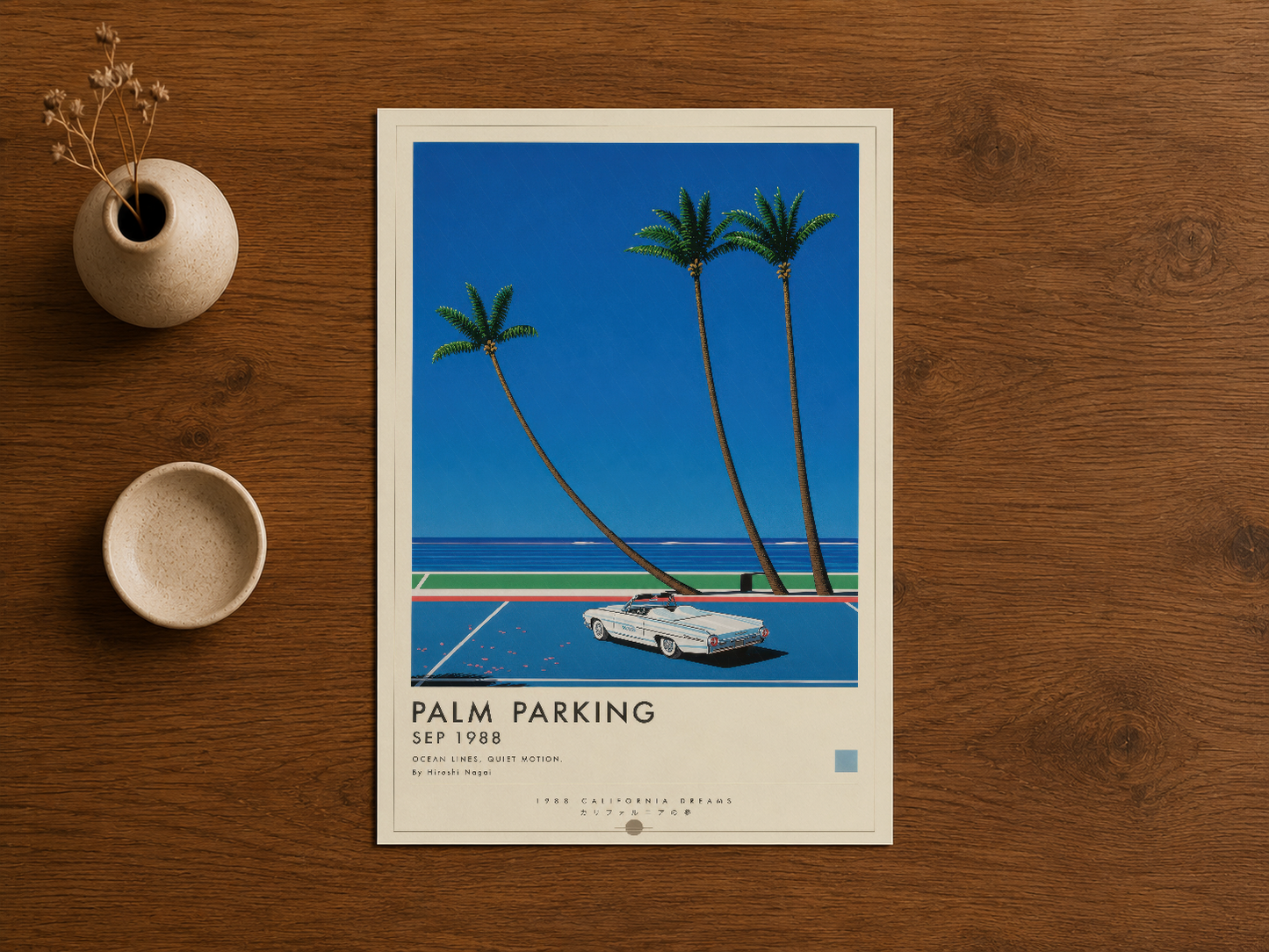 Palm Parking sanat tablosu, ahşap arka plan üzerinde klasik minimalist tasarımı vurgular.