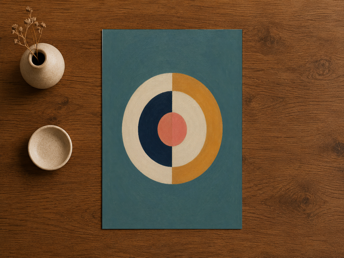 Soyut daire motifli, muted renkli contemporary poster, ahşap arka planda seramik objelerle.