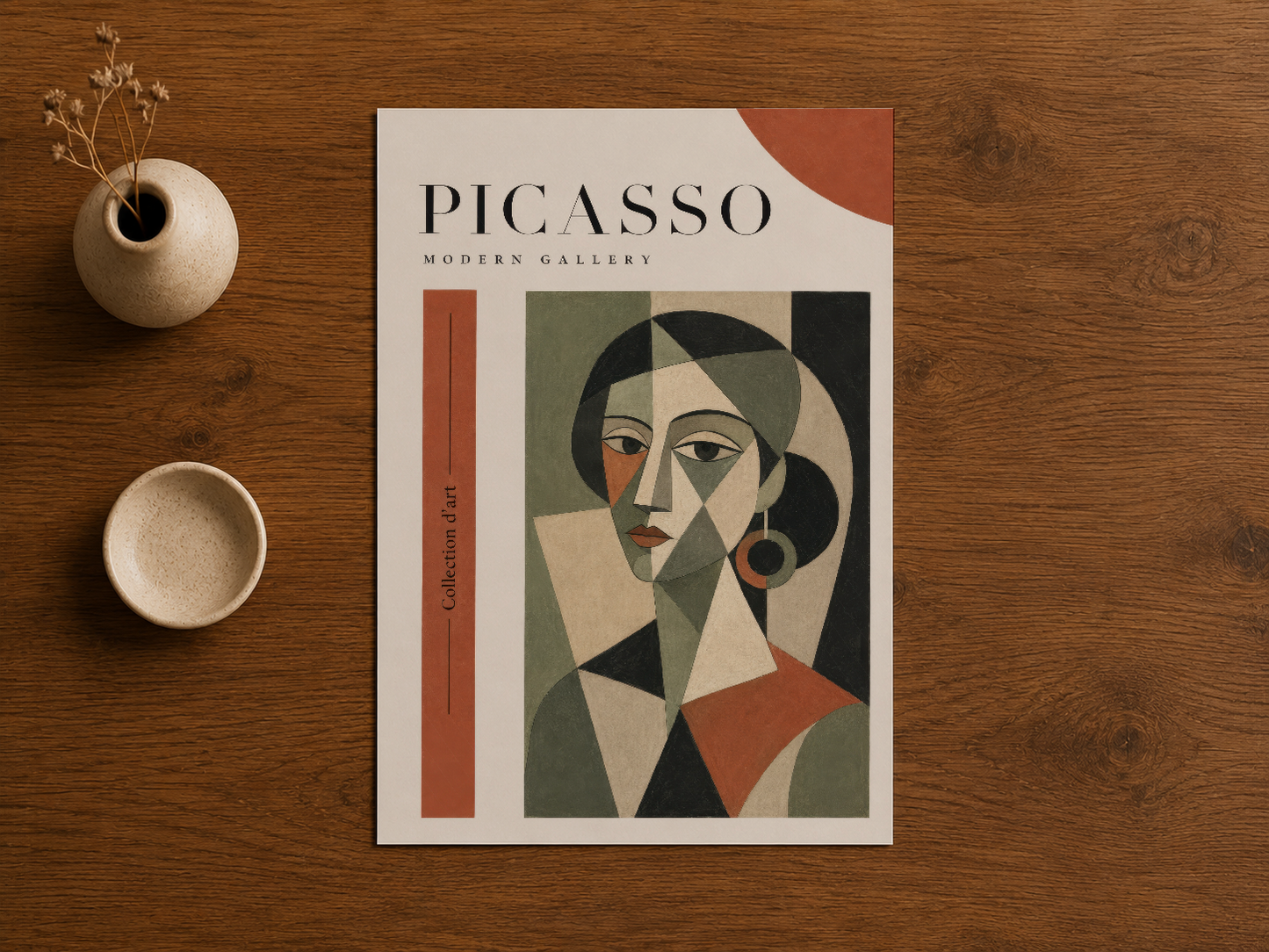 Picasso Modern Gallery posterinin ahşap masada duran görünümü, sıcak ton sanat baskısı.