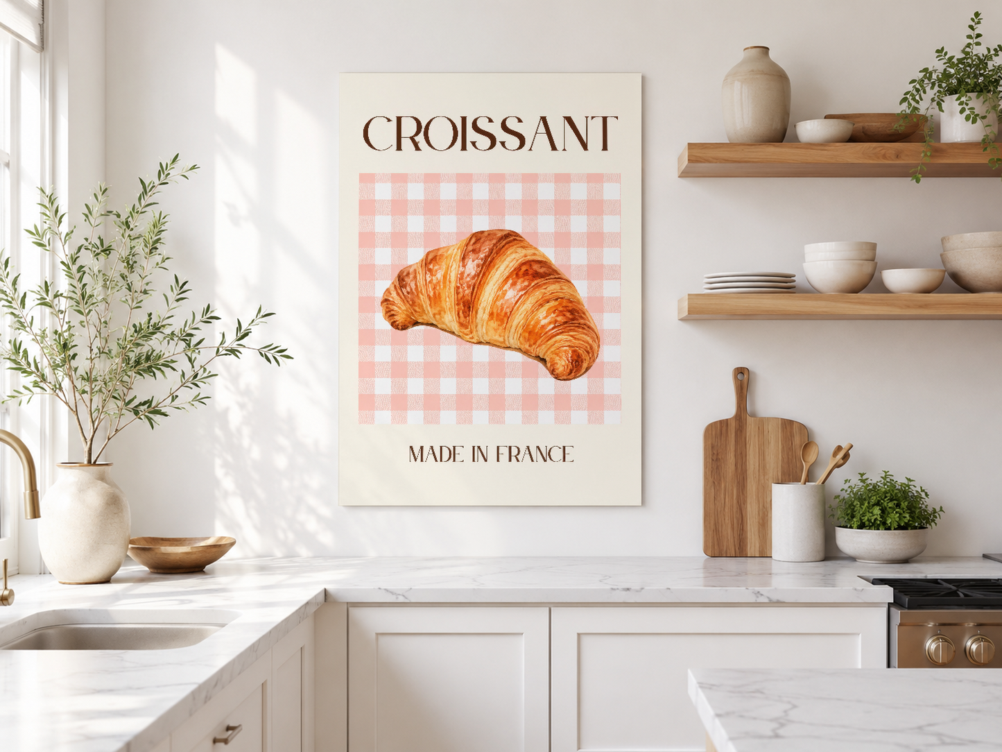 Kontrastlı retro poster tasarımı, işıltılı mutfak ortamında beyaz duvar üzerinde, ahşap raflar ve seramik dekorasyon