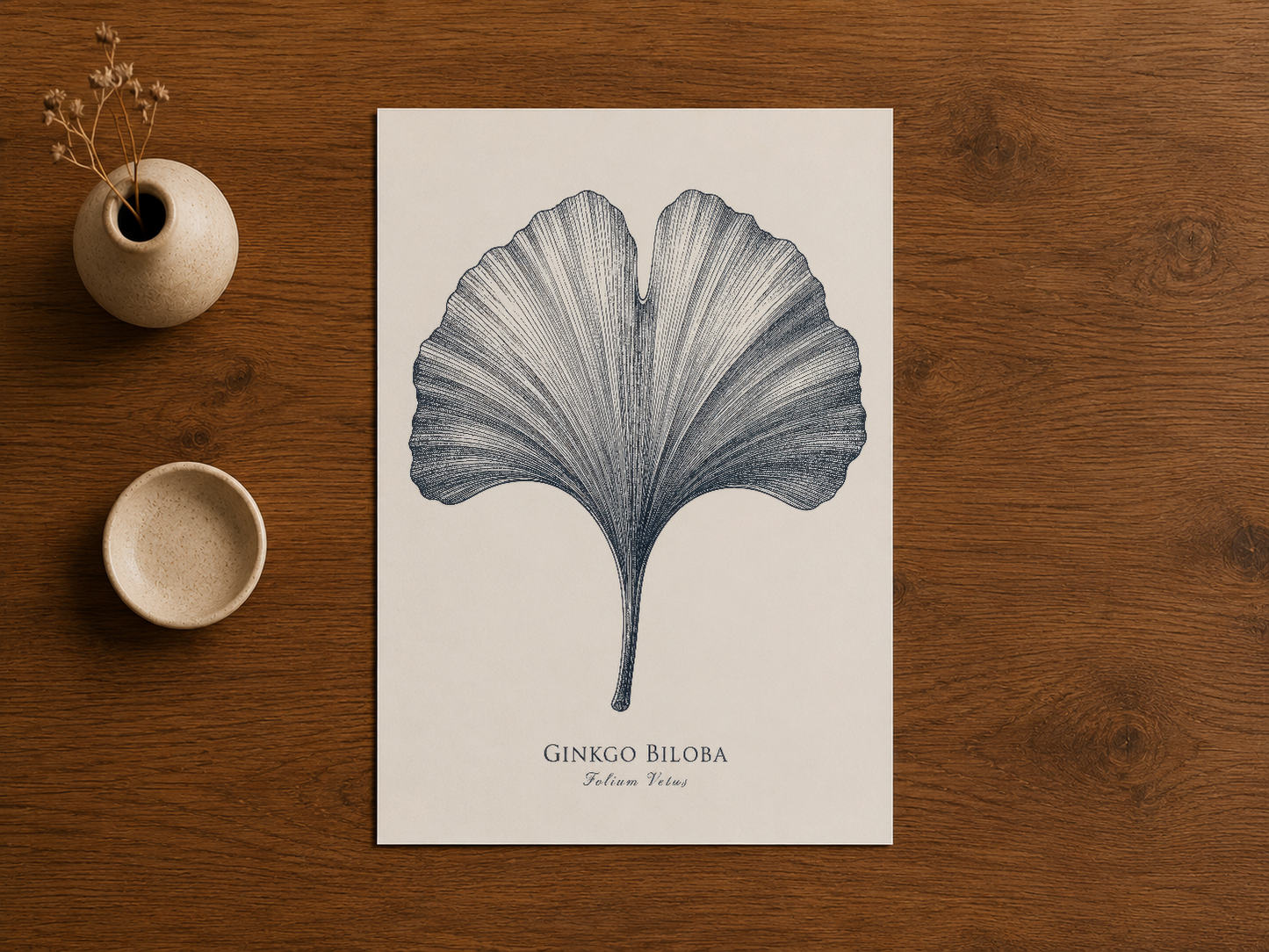 Ginkgo Biloba sanat tasarım, ahşap yüzey üzerinde beyaz poster baskısı.