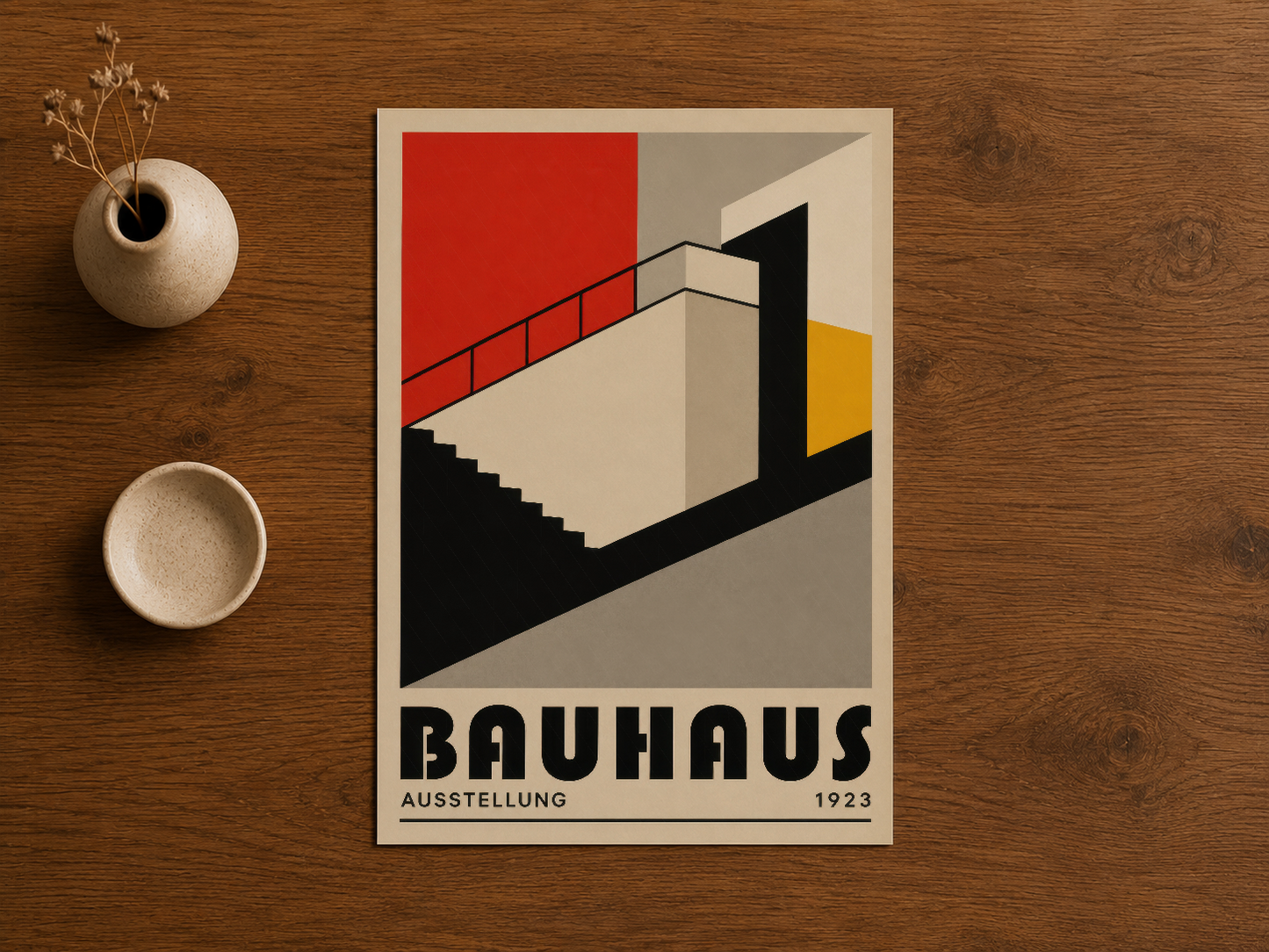 Ahşap zemin üzerinde Bauhaus sanat tablosu, cesur renk paleti ve yapılandırmacı tasarımıyla dikkat çeken klasik poster.