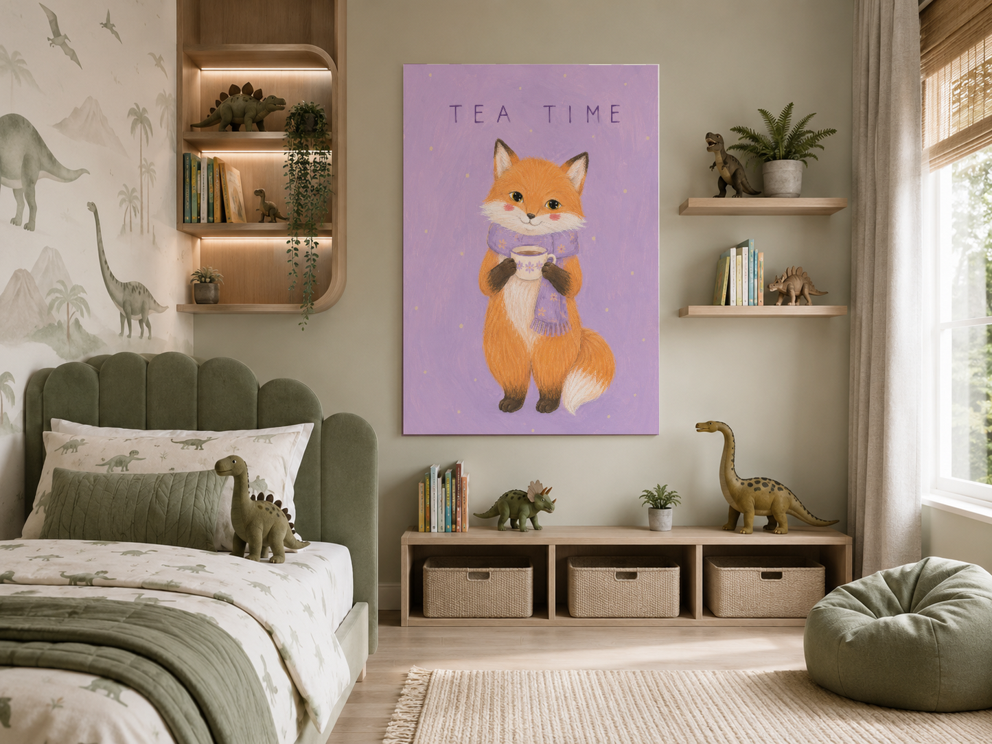 Yeşil başlıklı yatak yanında mor tea time posteri, dinazor temalı eğlenceli oda dekorasyonu.