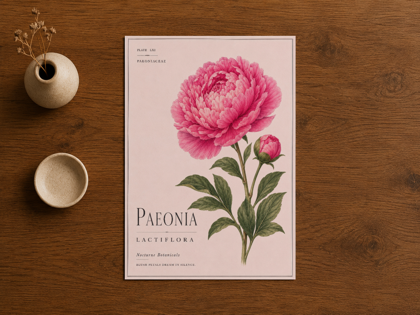 Paeonia lactiflora çiçeği detaylarıyla canlandırılmış, bot anik stil duvar sanat tablosu.