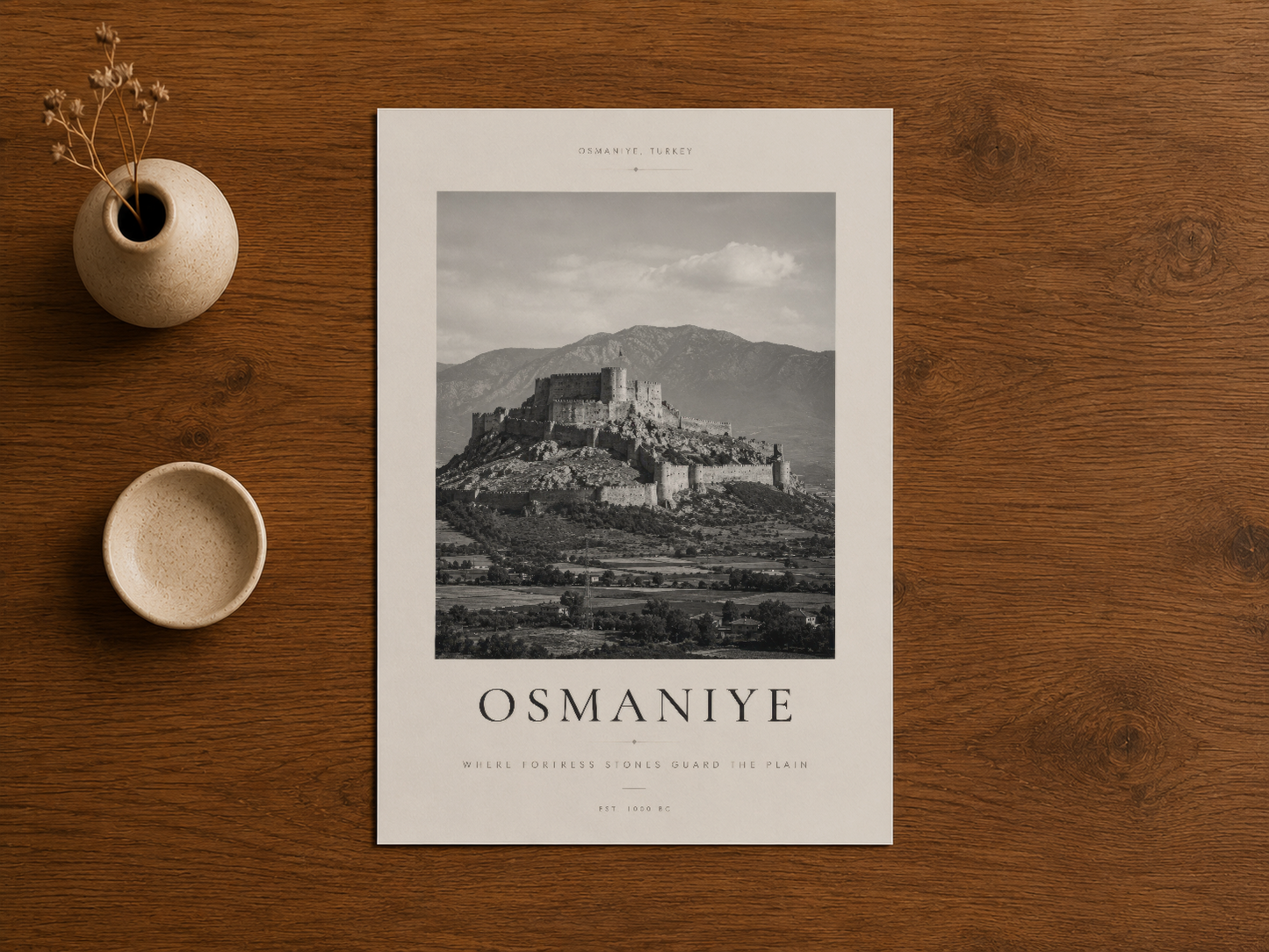 Osmanlı Kalesi poster, ahşap masada seramik vazo ve bitki dekorasyon aksessuarları ile.