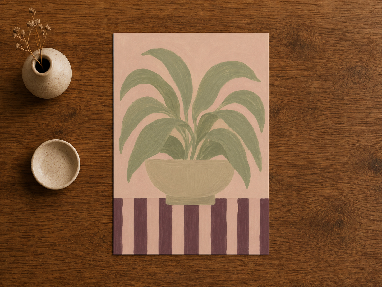 Pastel pembe ve yeşil renklerde stilize edilmiş bitki motifli, minimalist duvar sanatı posteri.