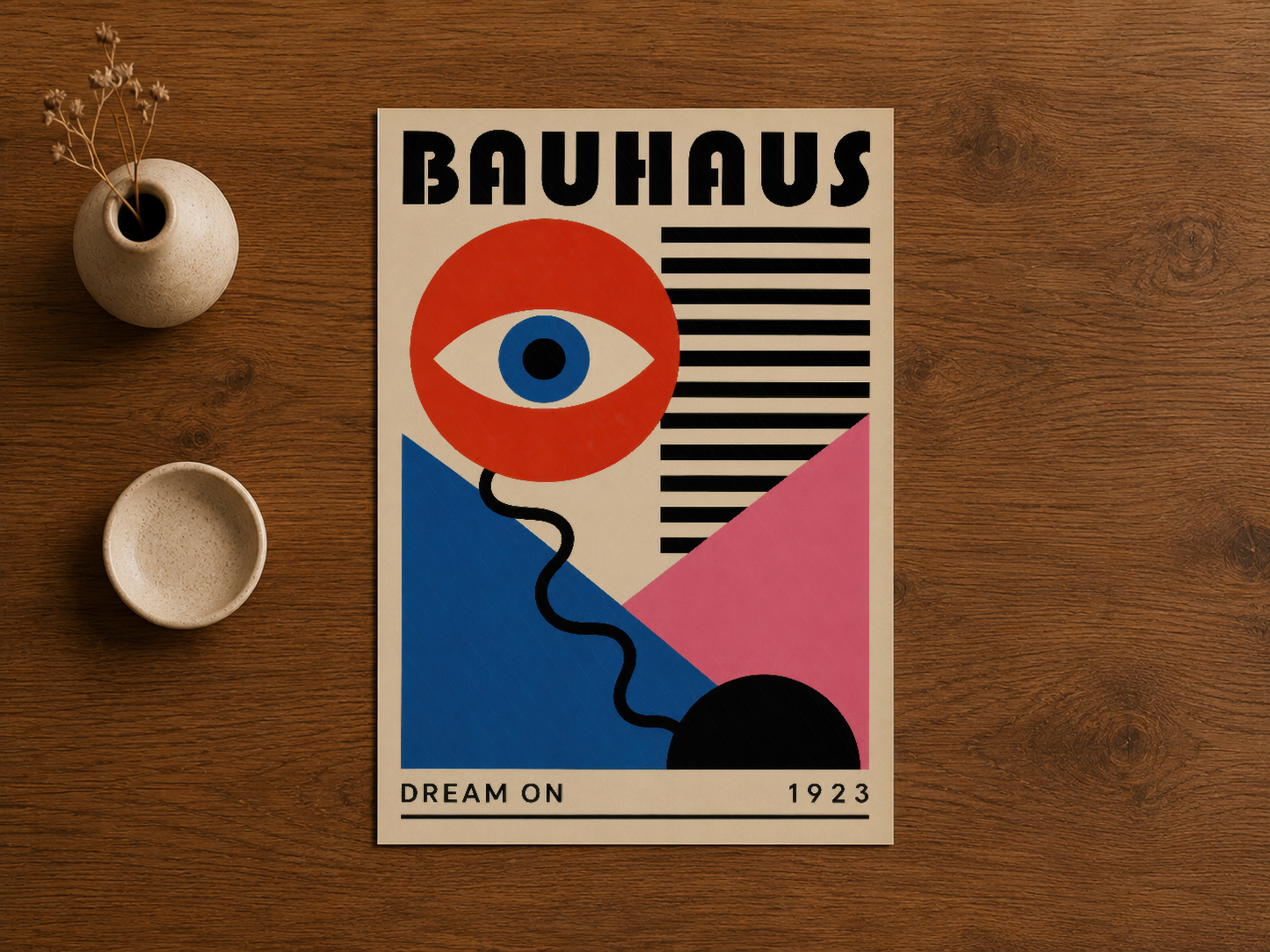 Bauhaus duvar sanatı, geometrik soyut tasarım, siyah beyaz çizgiler, vibrant renkli bölümlü.