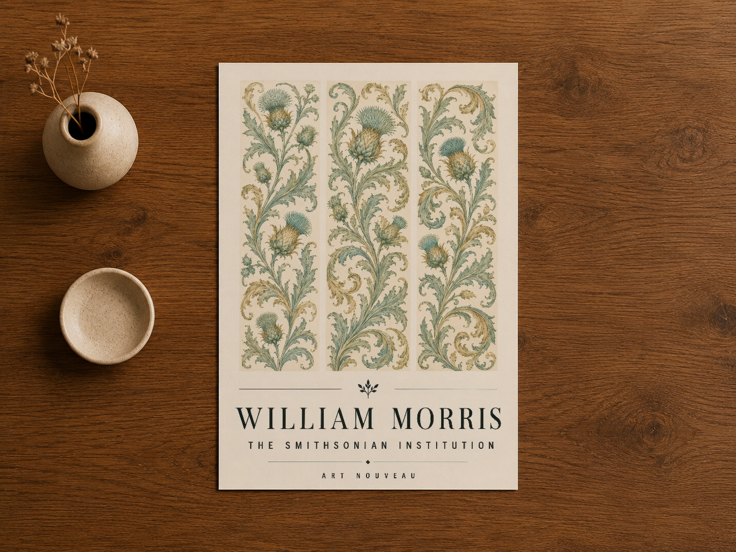 Art Nouveau çiçek motifli William Morris tablosu, ahşap masada dekoratif nesnelerle yanında.