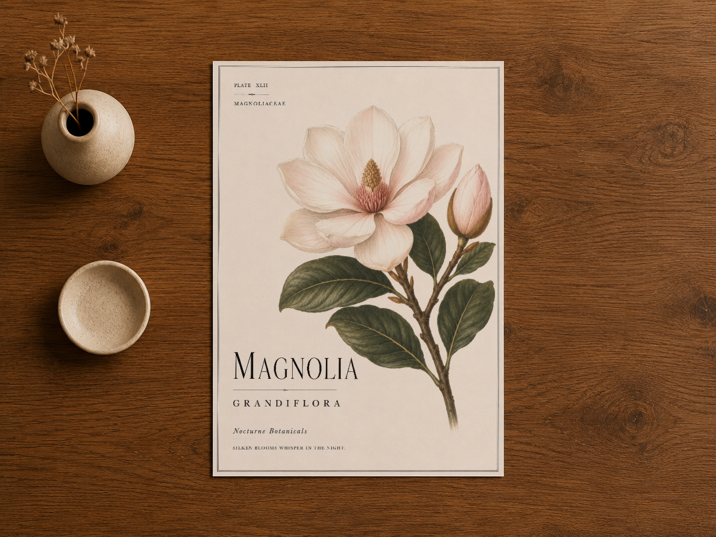 Magnolia grandiflora duvar tablosu, beyaz çerçeveli klasik botanik illüstrasyon temel dekorasyonu.