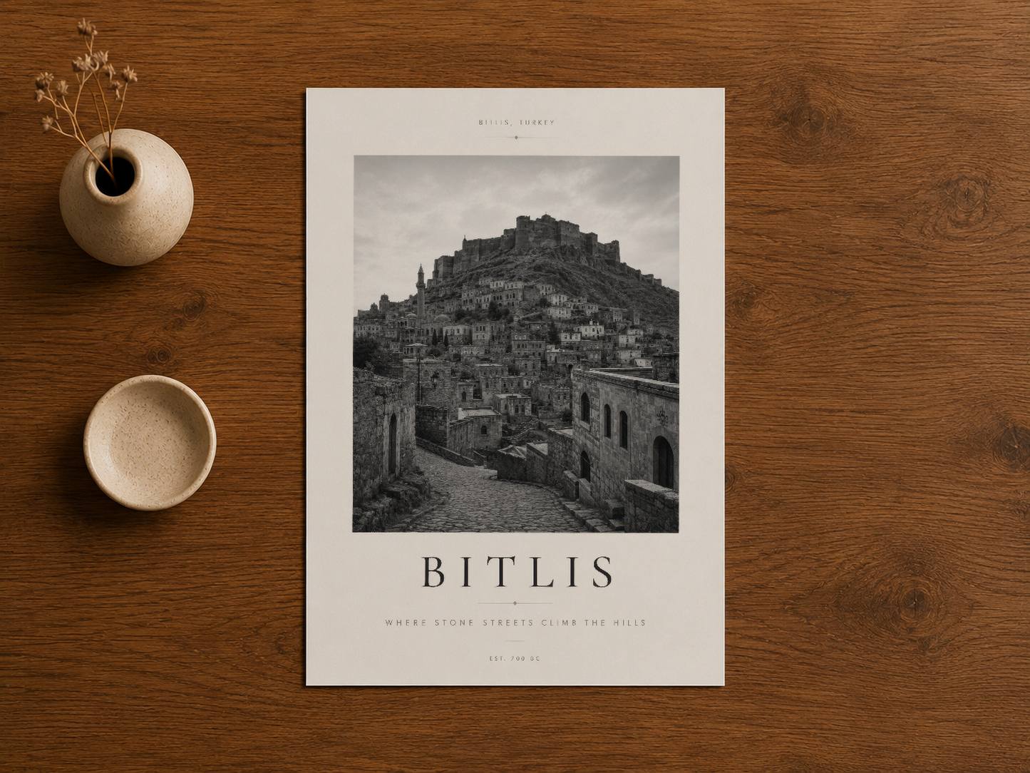 Bitlis duvar tablosu, ahşap yüzeyde dekoratif objelerin yanında yer alıyor.