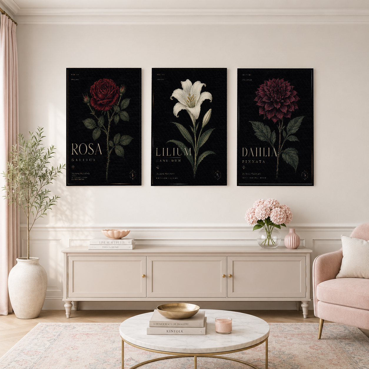 Dresuar üstünde sergilenen, kırmızı gül, beyaz lilyum ve mor dahlia çiçek tasarımlarının yer aldığı üçlü poster seti.