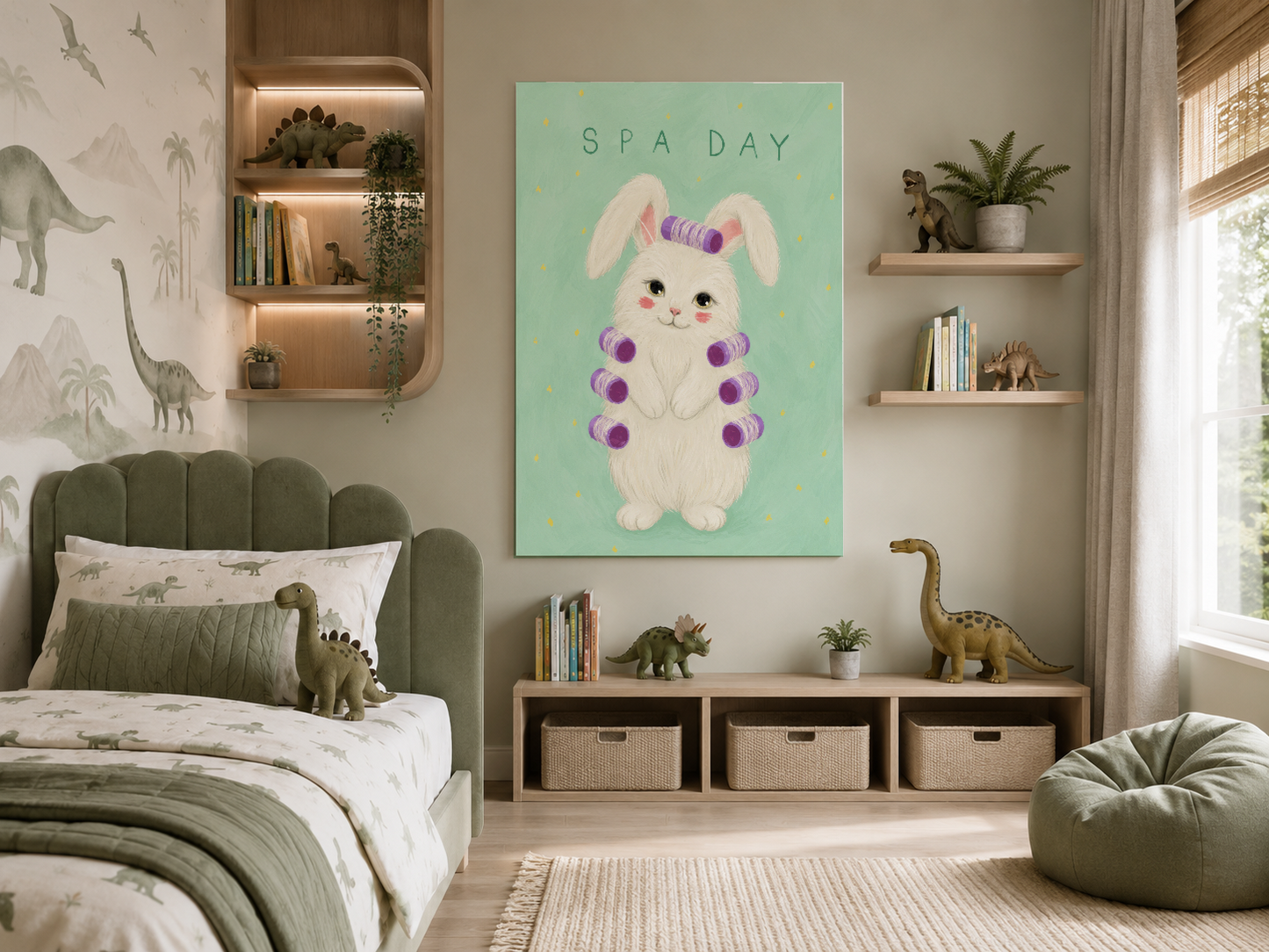 Paleontoloji temalı odada, açık renkli ahşap detaylarıyla mor duvetu tavşan poster.