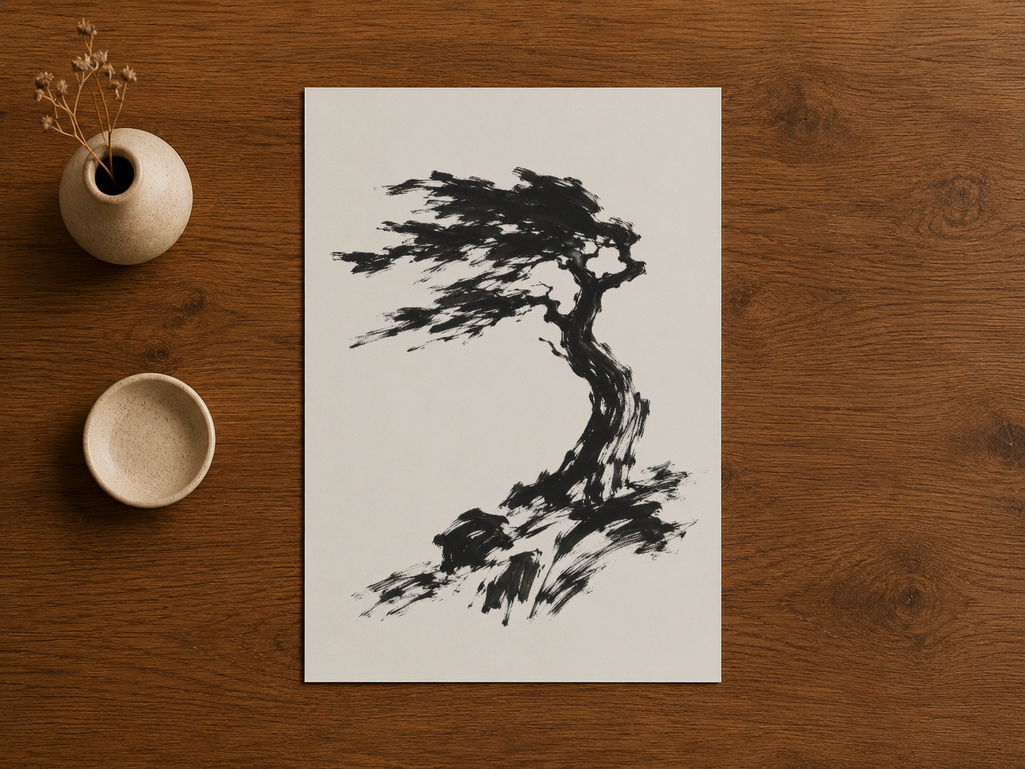 Ahşap zemin üzerinde sergilenen, dinamik ağaç silueti tasvir eden minimalist sanat tablosu.