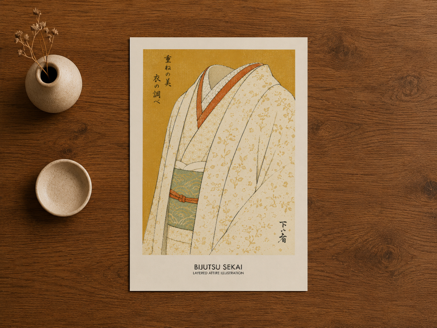 Ahşap zemin üzerinde, japon tekstil sanatı kökenli kimono motifi taşıyan duvar tablosu.