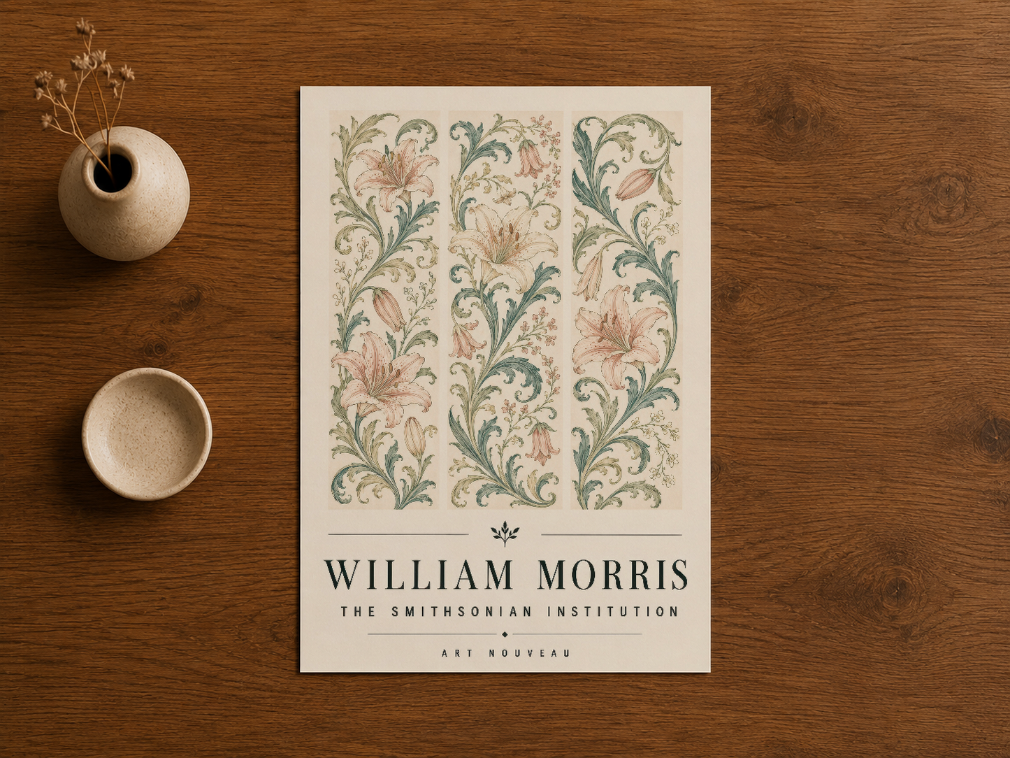 William Morris botanik baskısı, ahşap masada seramik aksesuarlarla birlikte gösteriliyor.